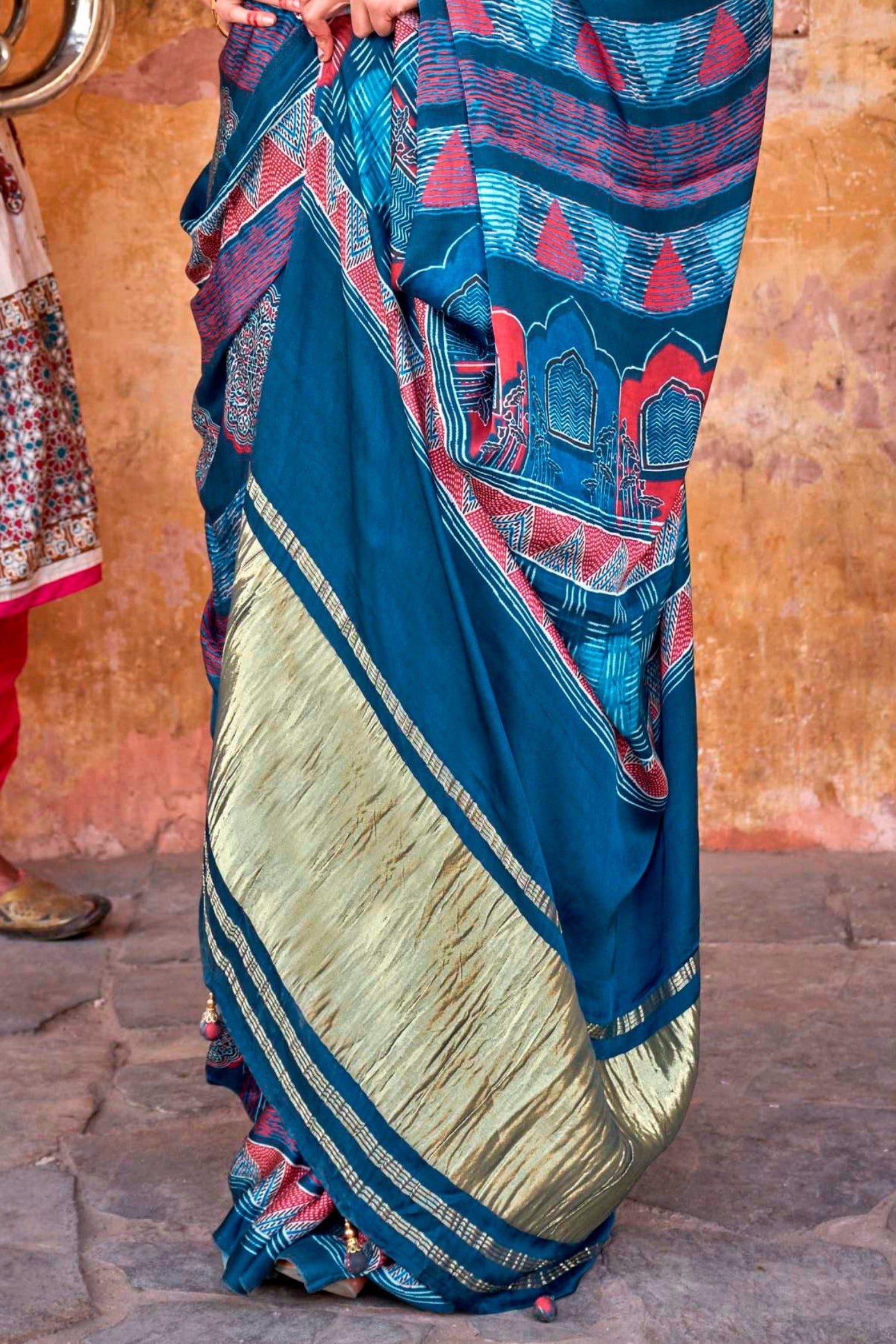 Buy MySilkLove Venice Blue Ajrakh Handprinted Satin Saree Online