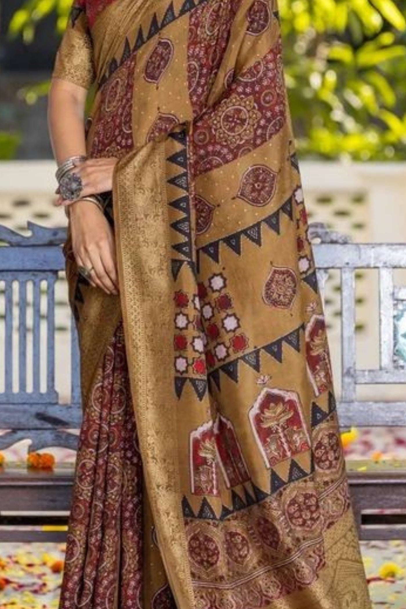 Buy MySilkLove Dusty Brown Ajrakh Digital Printed Satin Saree Online