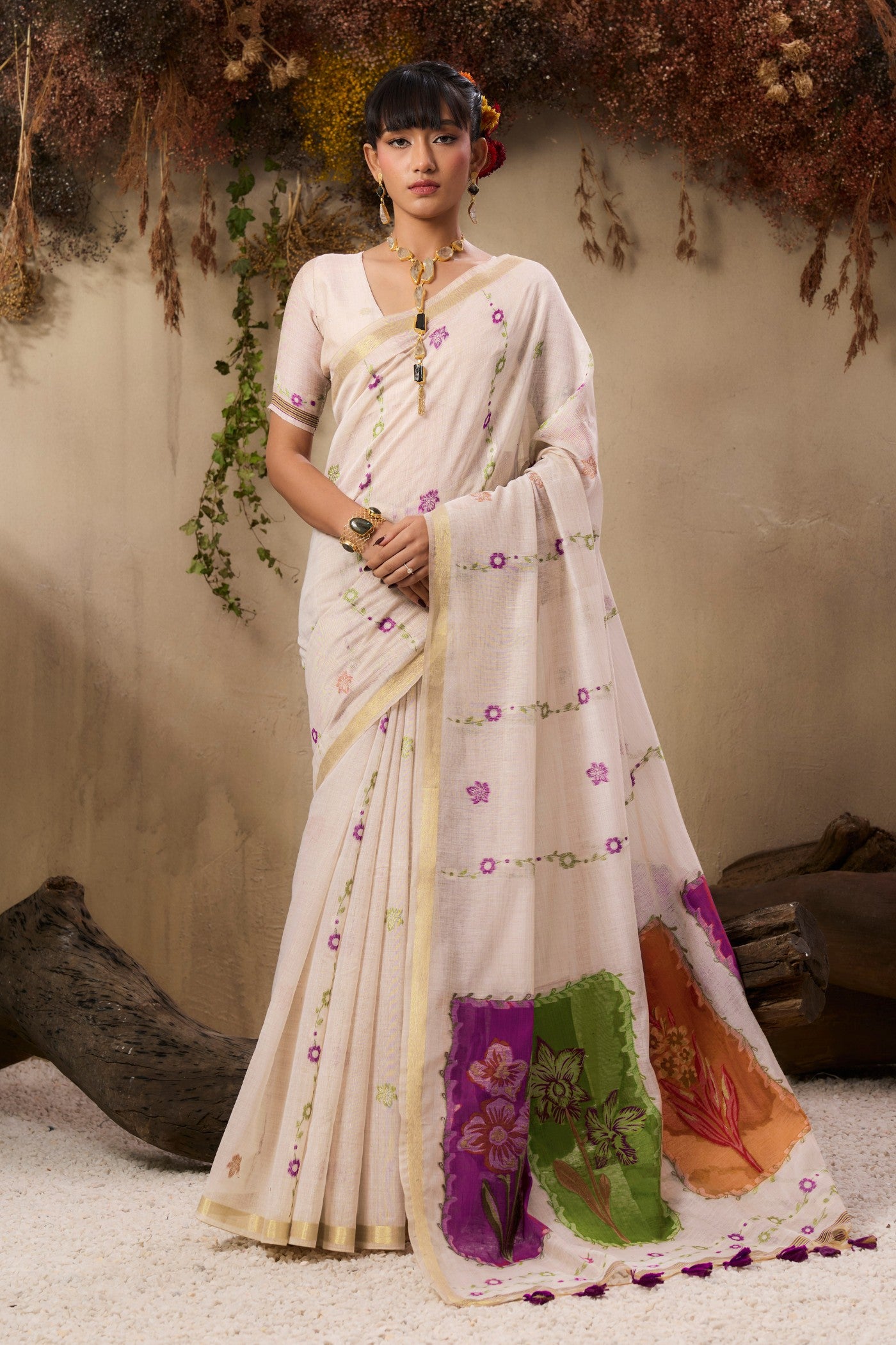 Buy MySilkLove Porcelain Cream Handloom Muga Cotton Saree Online