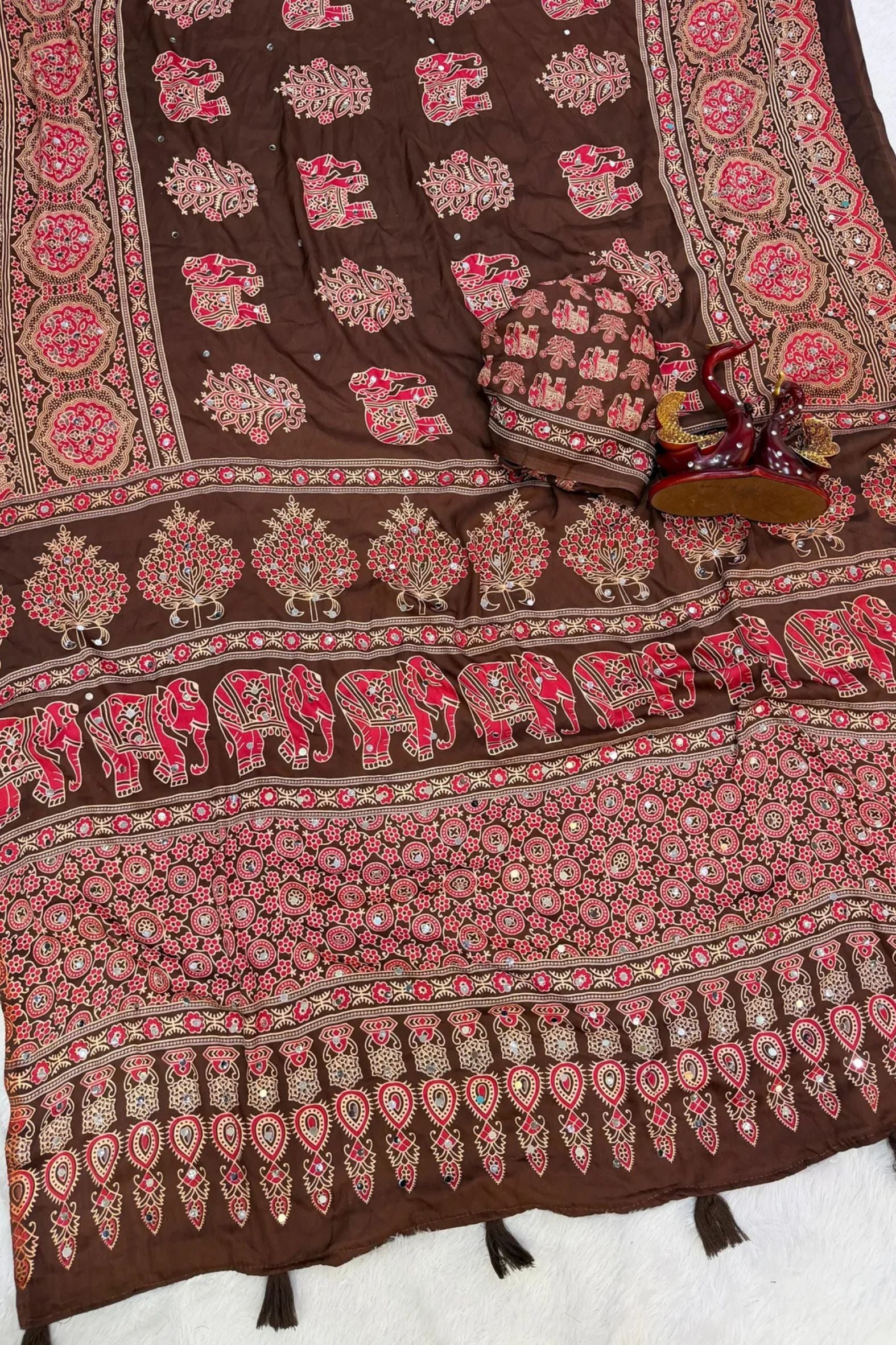Buy MySilkLove Raven Black Ajrakh Satin Printed Mirror Work Saree Online