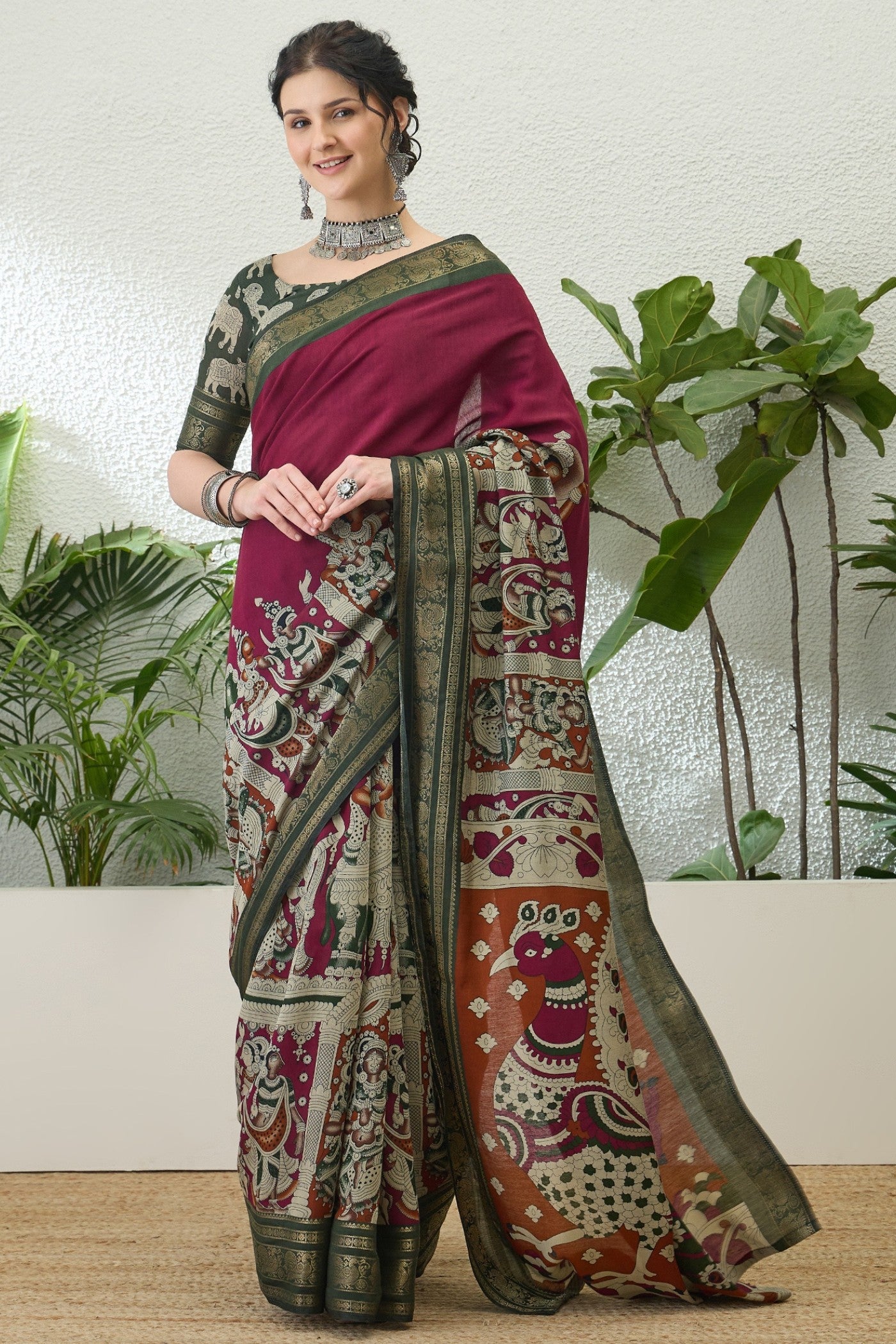 Buy MySilkLove Dark Tan Maroon Printed Cotton Saree Online