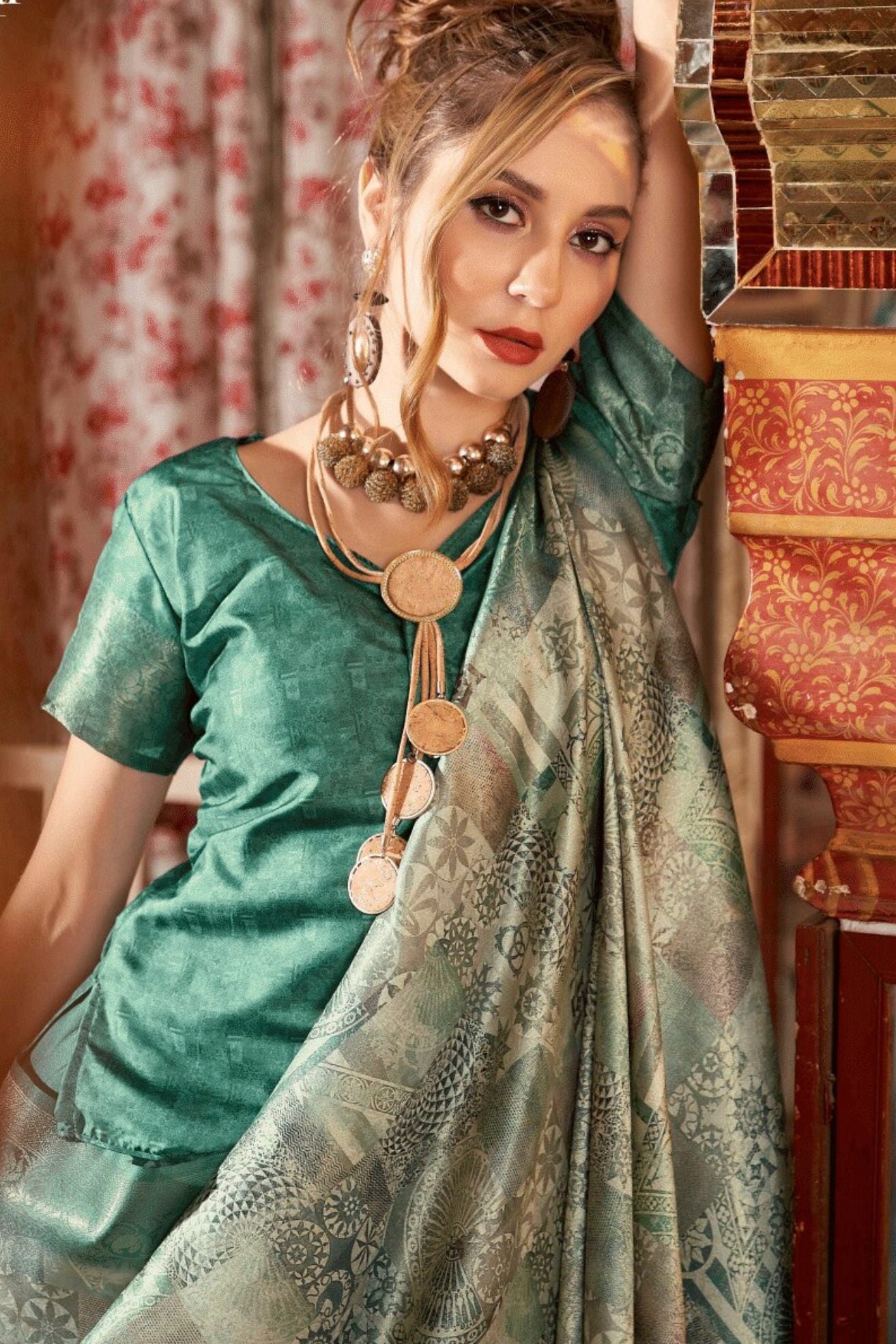 Buy MySilkLove Sage Green Banarasi Digital Printed Saree Online