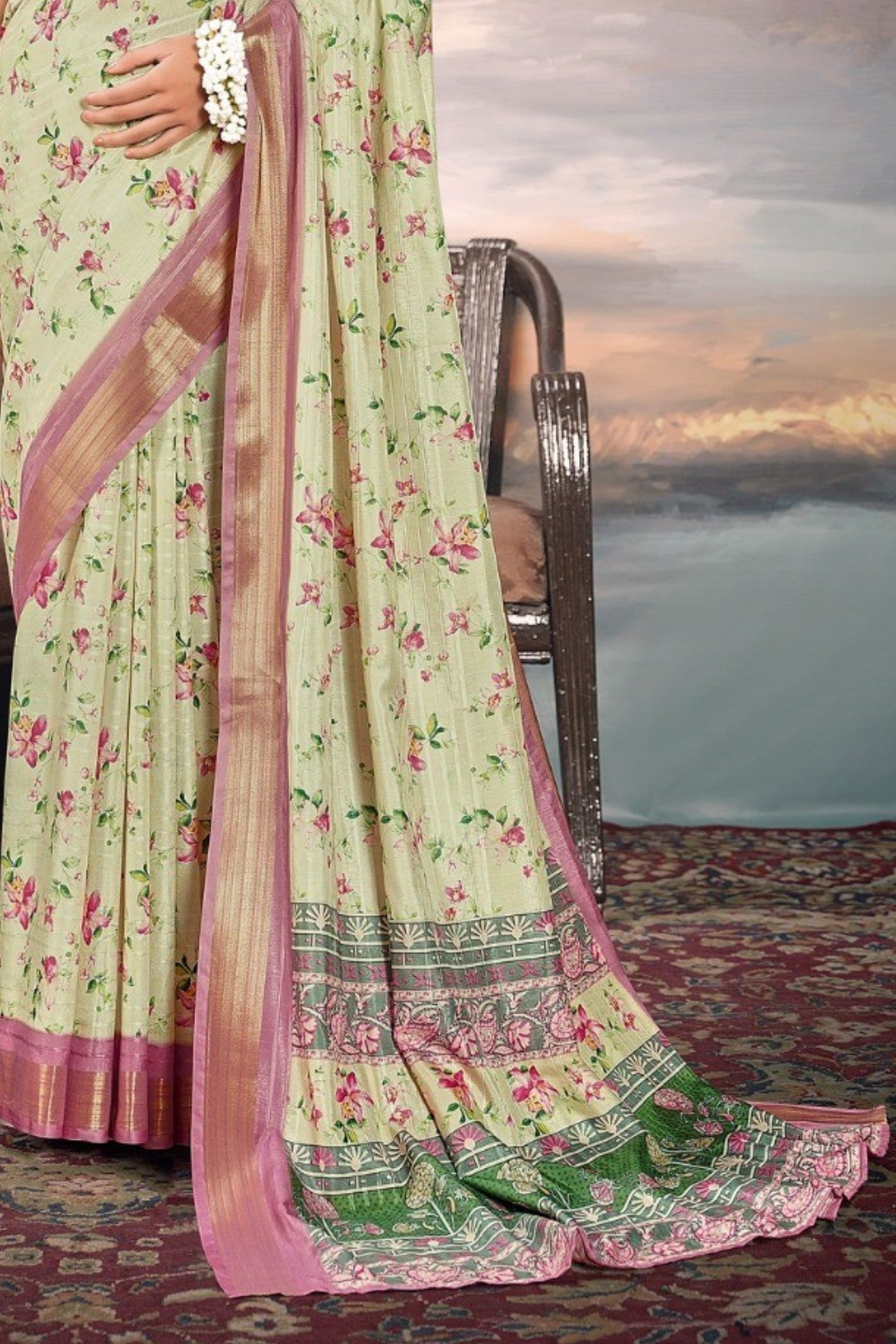 Buy MySilkLove Thistle Green Digital Printed Cotton Saree Online