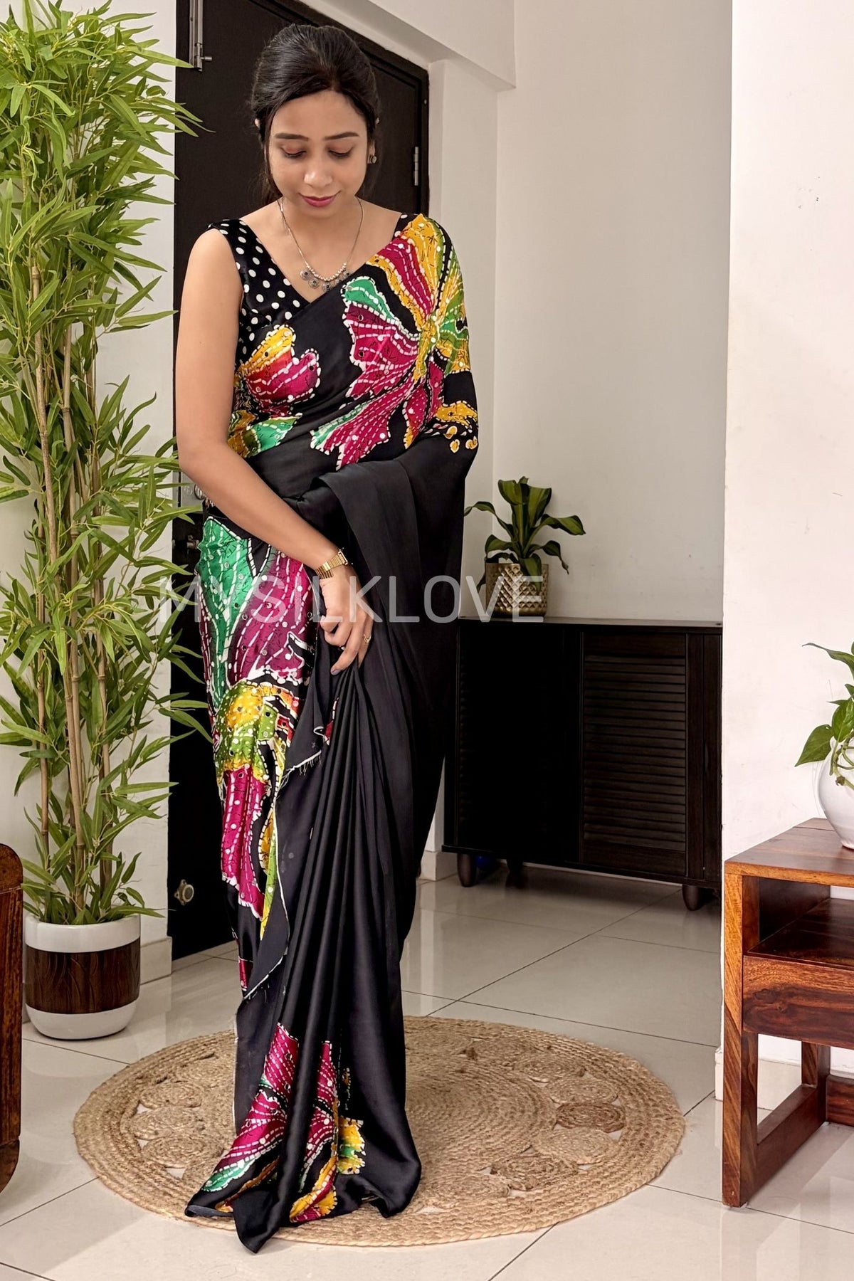 Buy MySilkLove Midnight Black Bloom Floral Partywear Satin Silk Saree Online