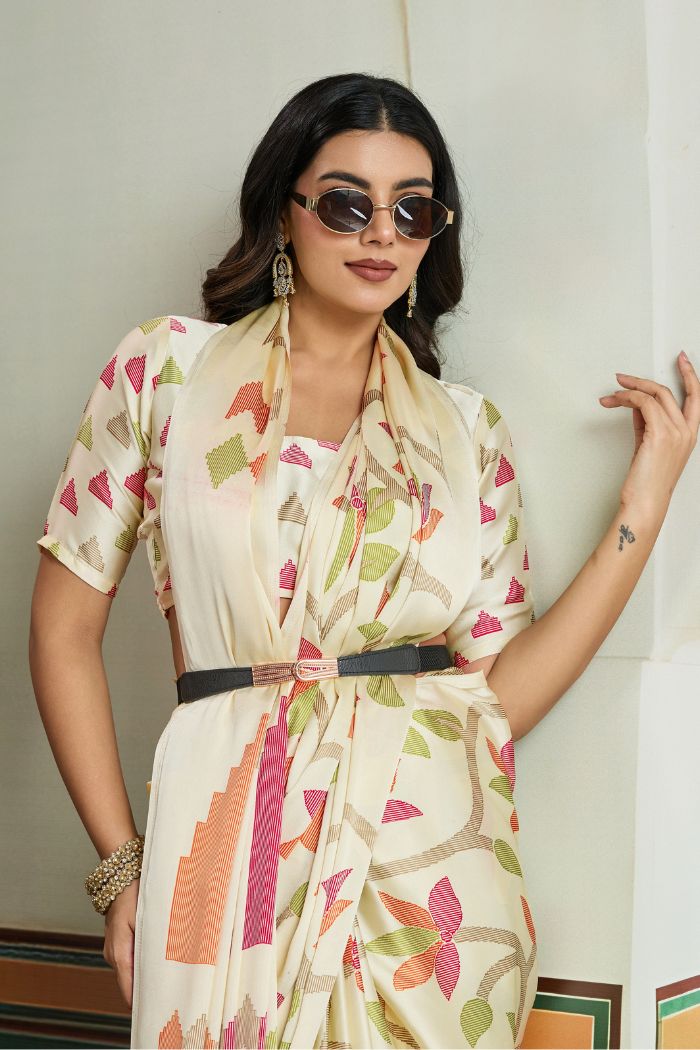 MySilkLove Beige Modal Ajrakh Printed Satin Silk Saree