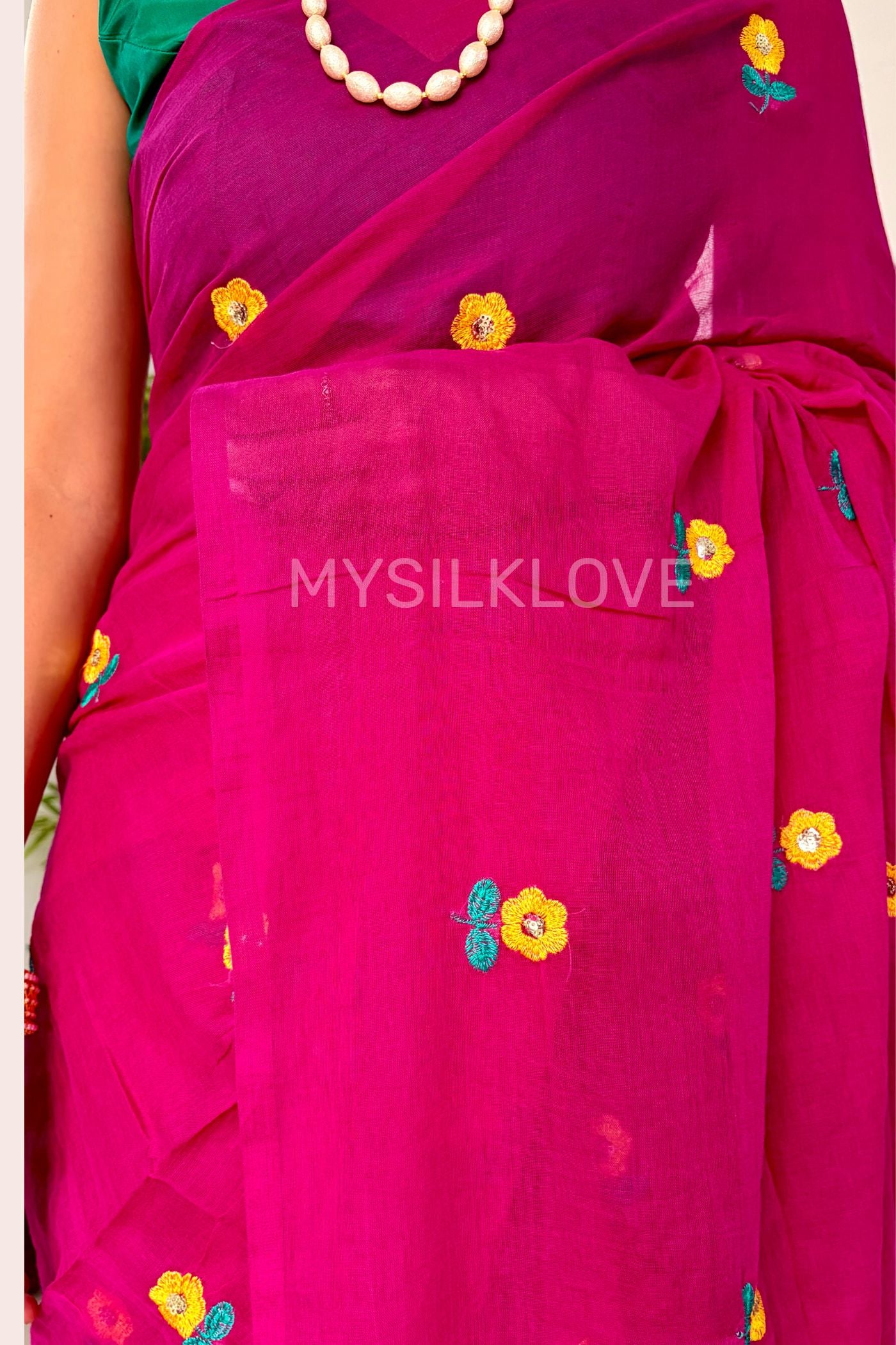Buy MySilkLove Flamingo Pink Mul Mul Cotton Floral and Sequin Work Woven Saree Online