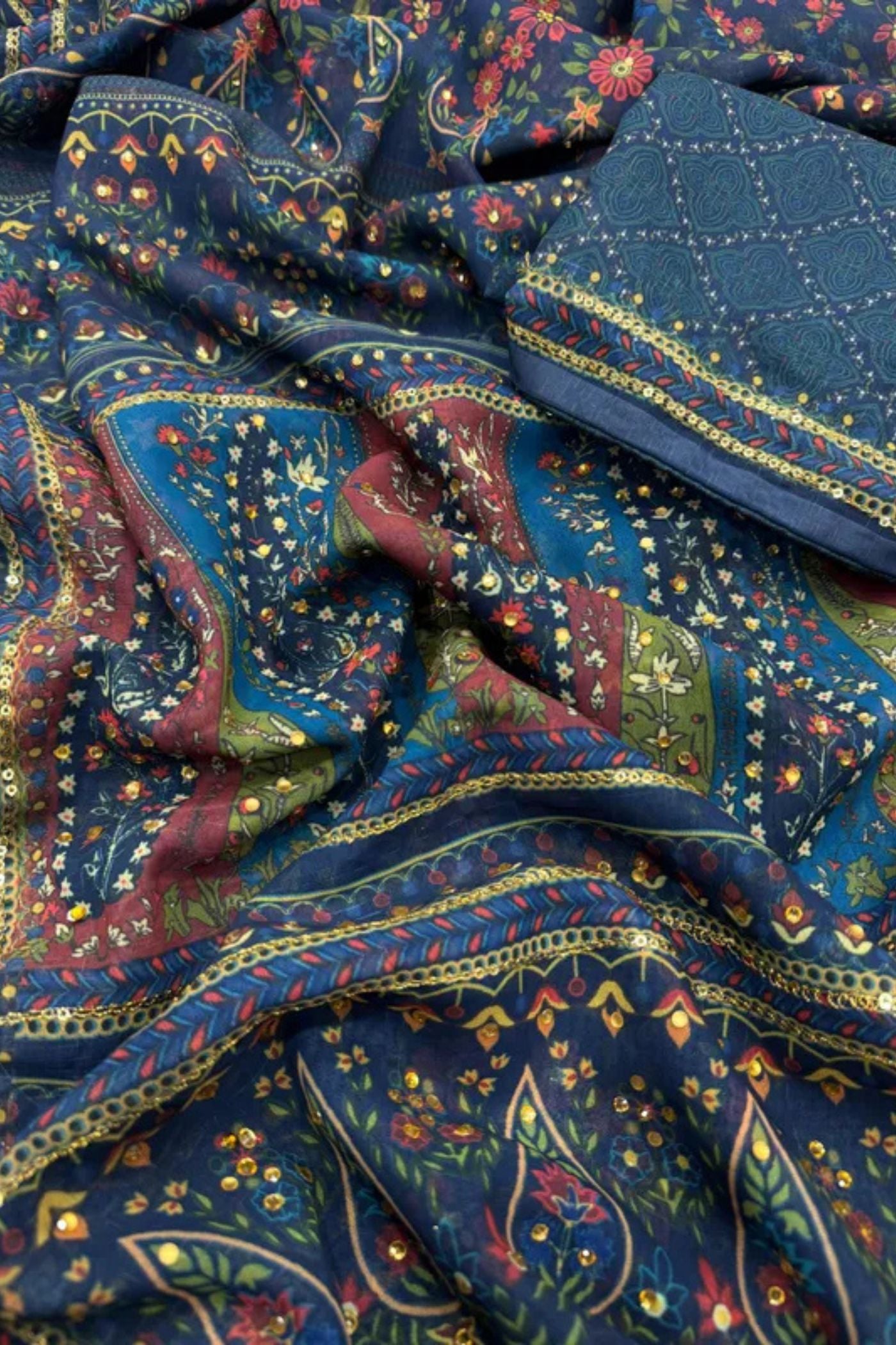 Buy MySilkLove Velvet Blue Georgette Ajrakh Printed Embroidered Saree Online