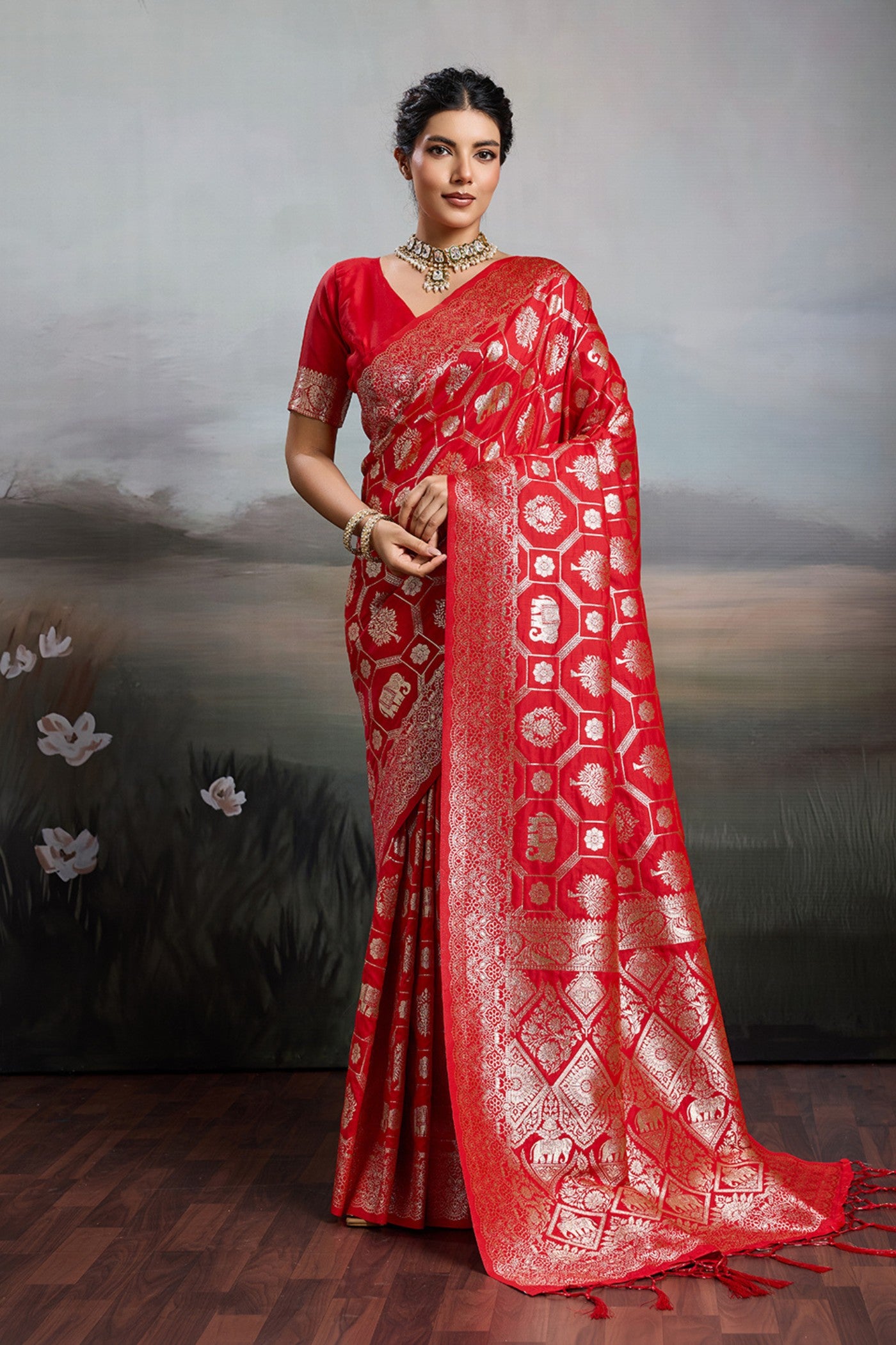 Buy MySilkLove Cardinal Red Woven Banarasi Soft Silk Saree Online