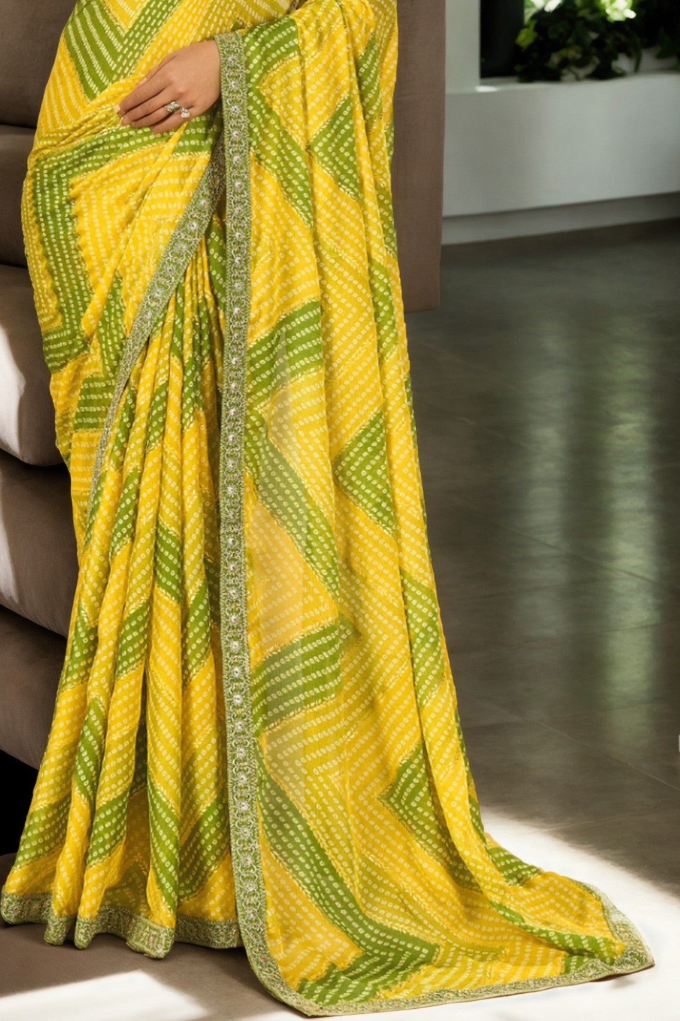 Buy MySilkLove Sunflower Yellow and Green Bandhani Digital Printed Silk Saree Online