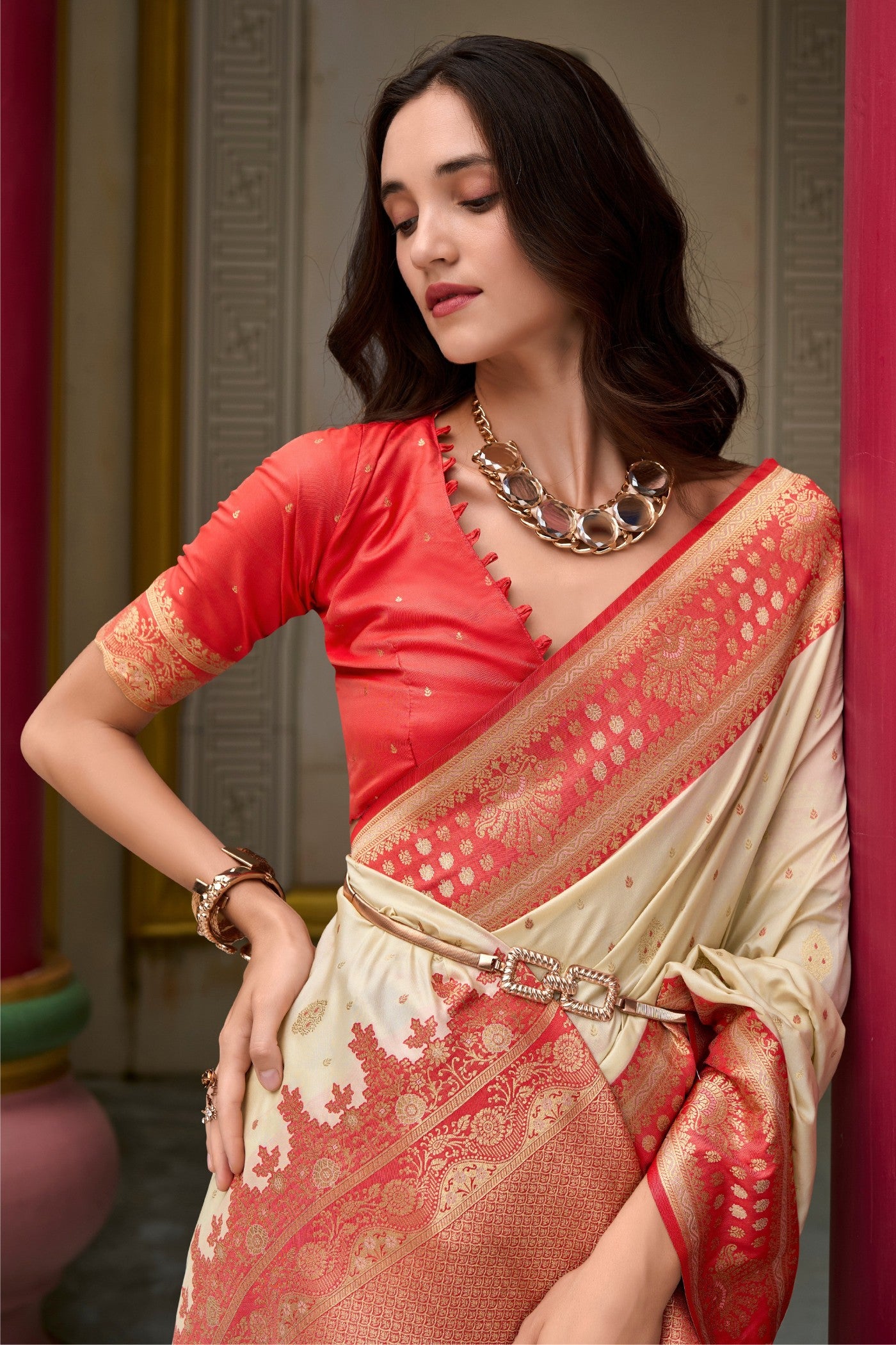MySilkLove Bisque Cream Woven Banarasi Saree
