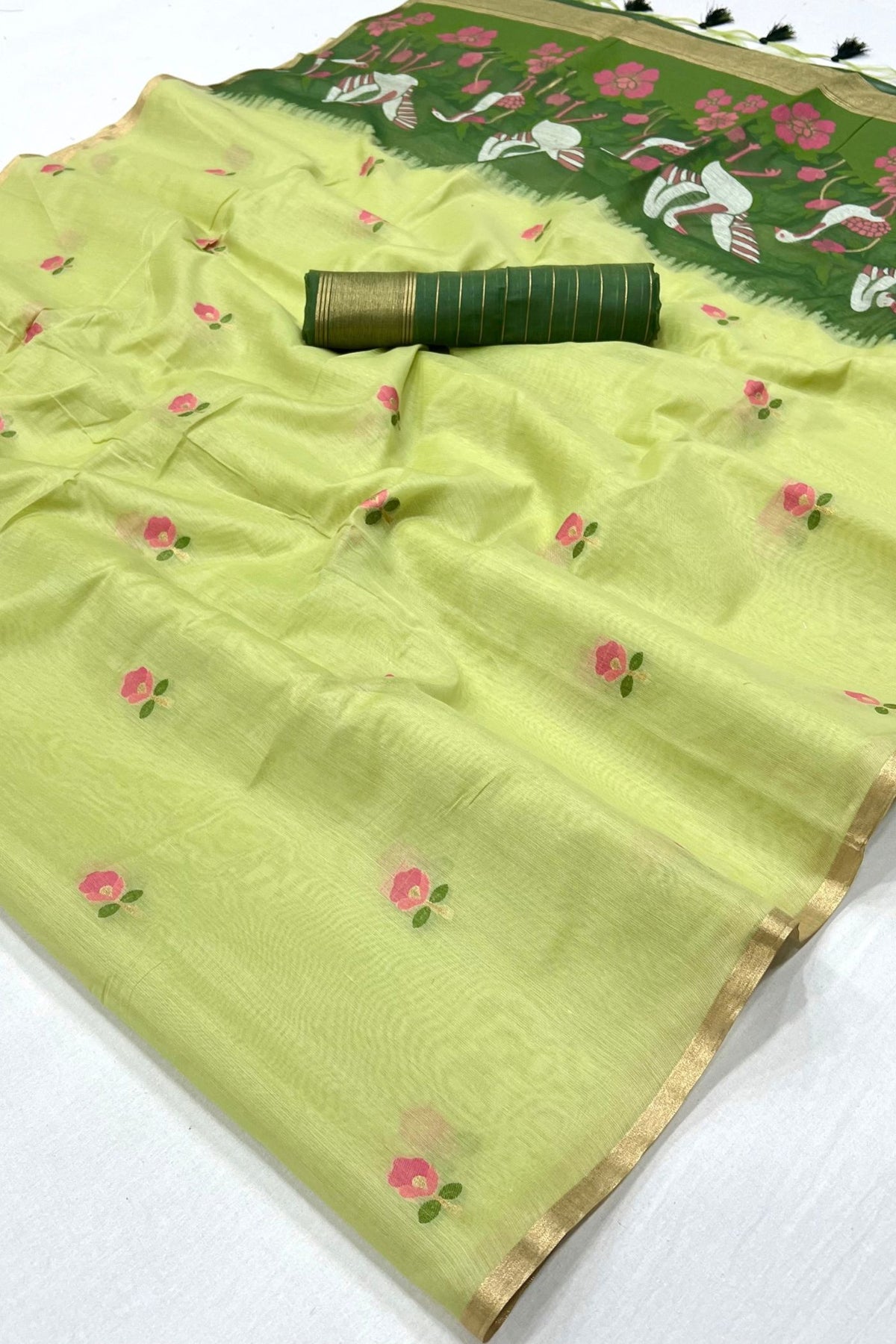 Buy MySilkLove Willow Green Cotton Handloom Swan Saree Online