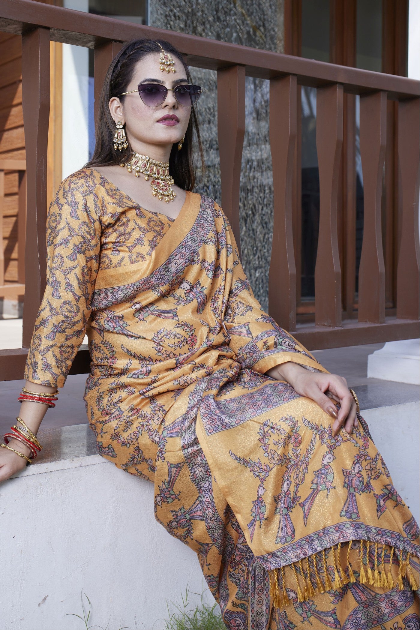 MySilkLove Marigold Yellow Banarasi Digital Printed Saree