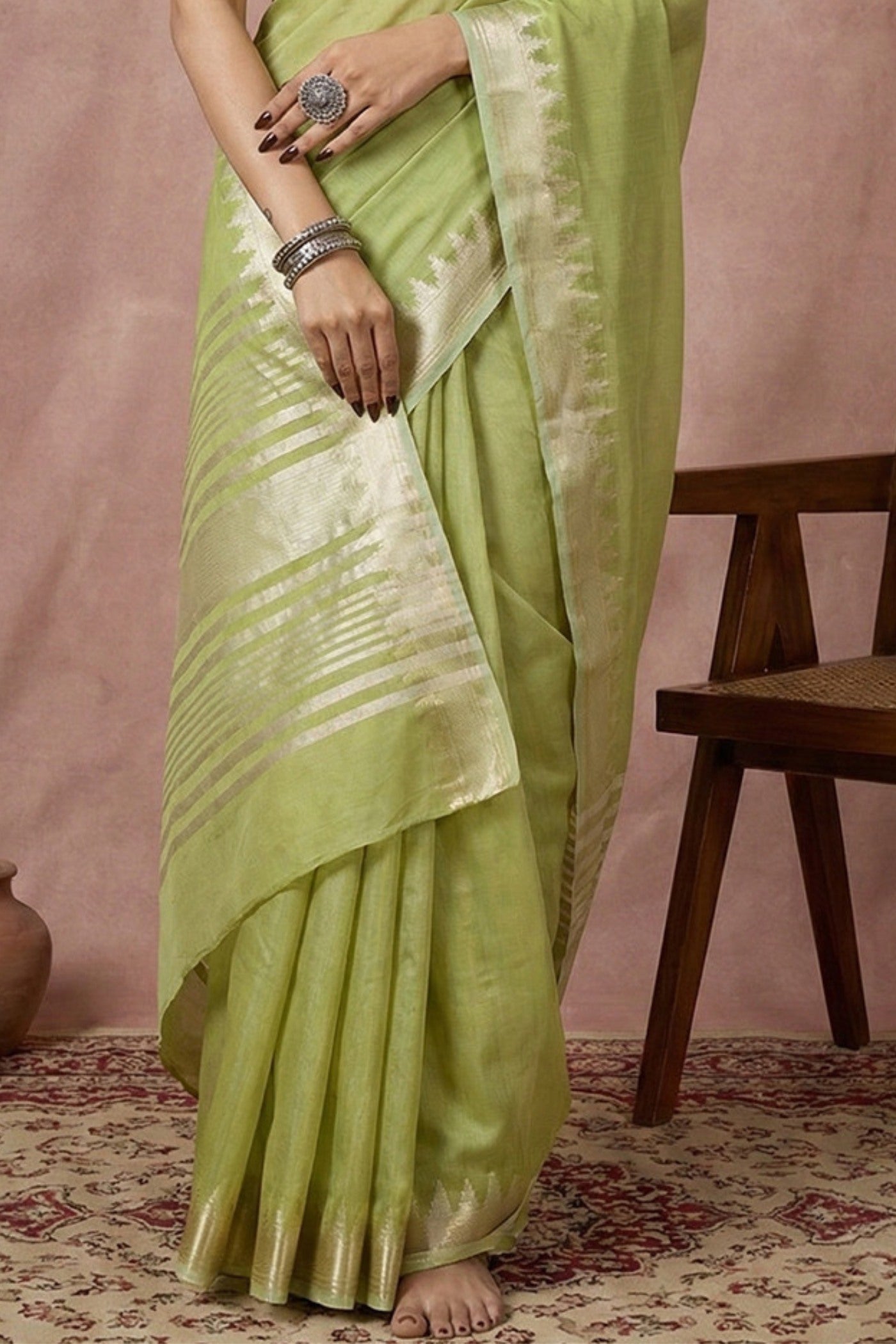 Buy MySilkLove Pista Green Woven Banarasi Soft Silk Saree Online