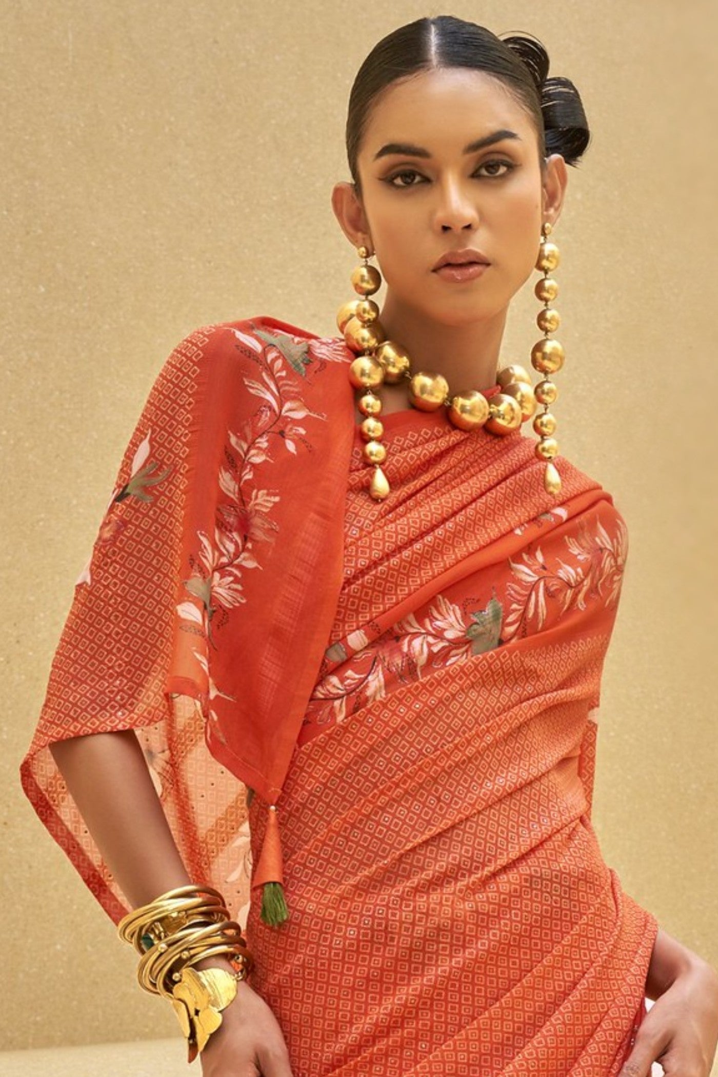 Buy MySilkLove Aboli Orange Georgette Printed Saree Online