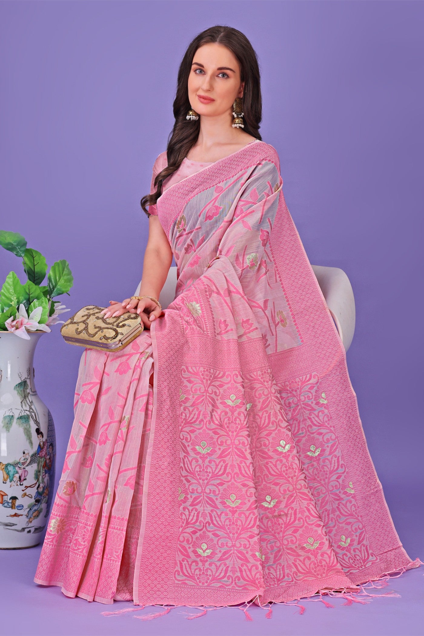Buy MySilkLove Baby Pink Linen Cotton Saree Online