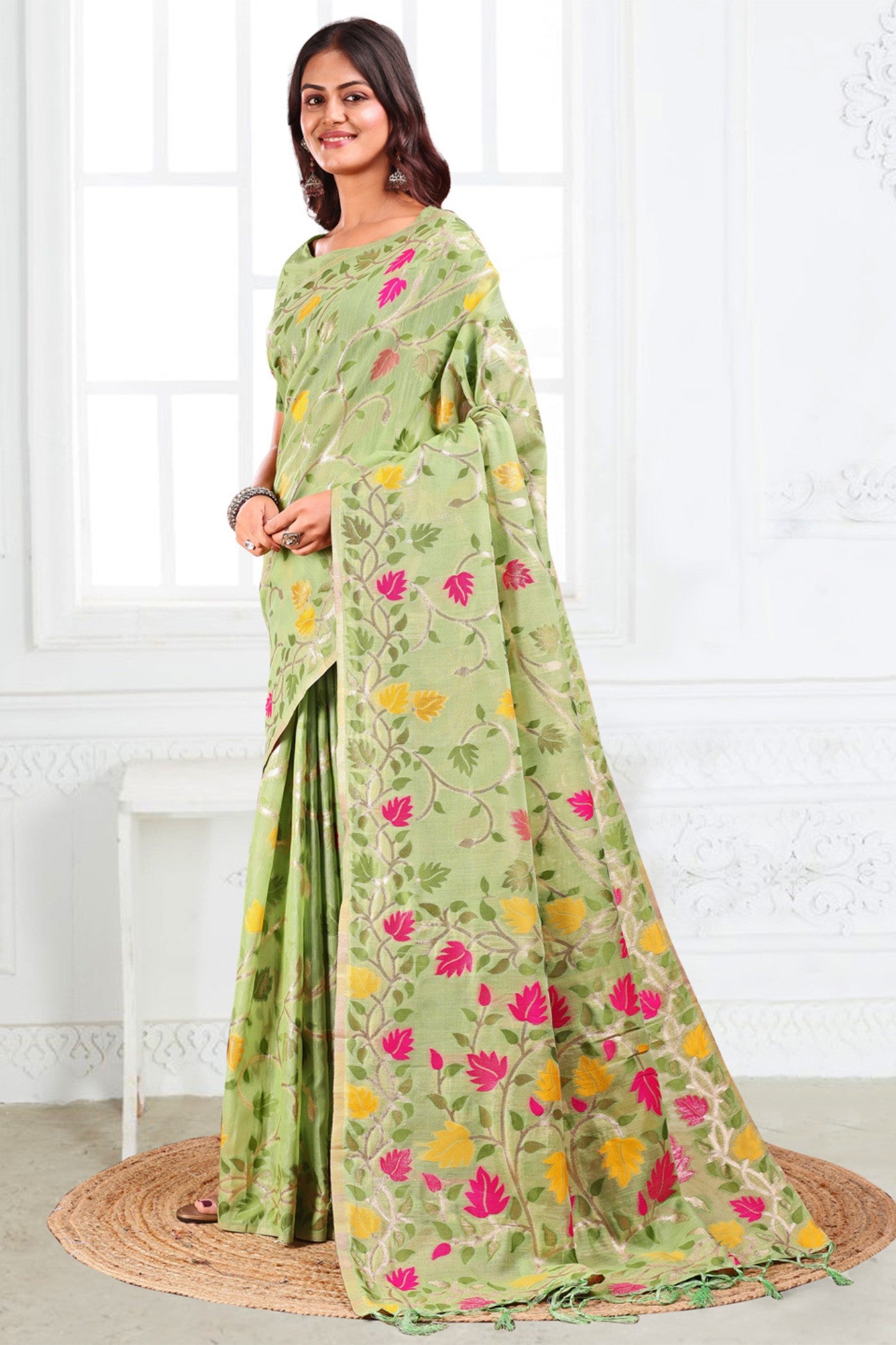 Buy MySilkLove Light Green Woven Linen Cotton Saree Online