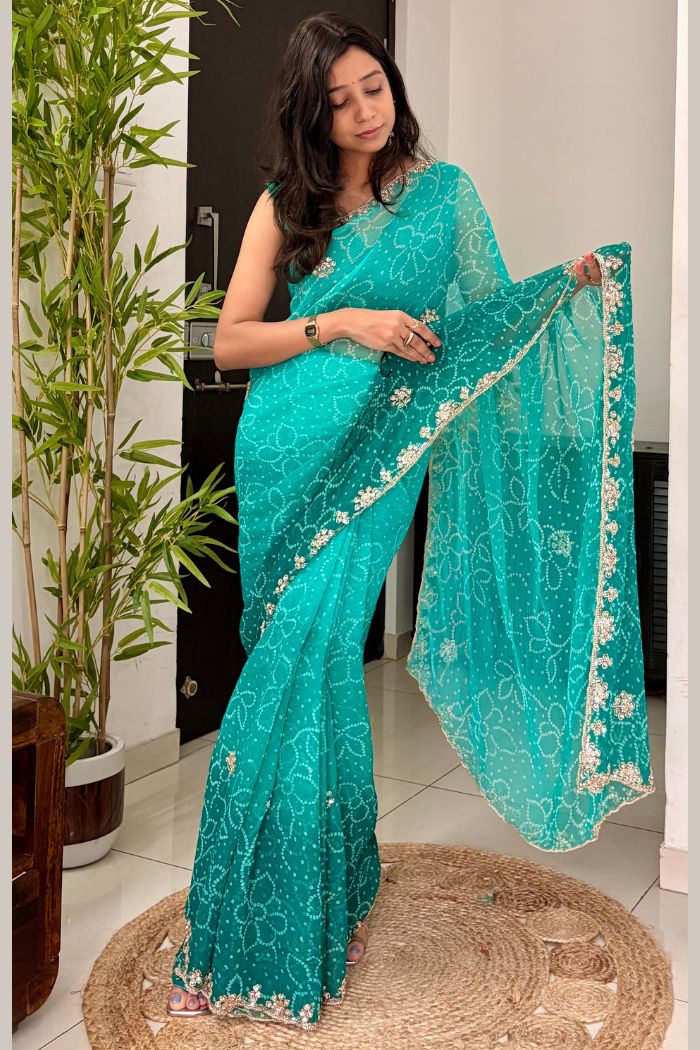 Buy MySilkLove Aqua Teal Georgette Chiffon Bead Work Saree Online