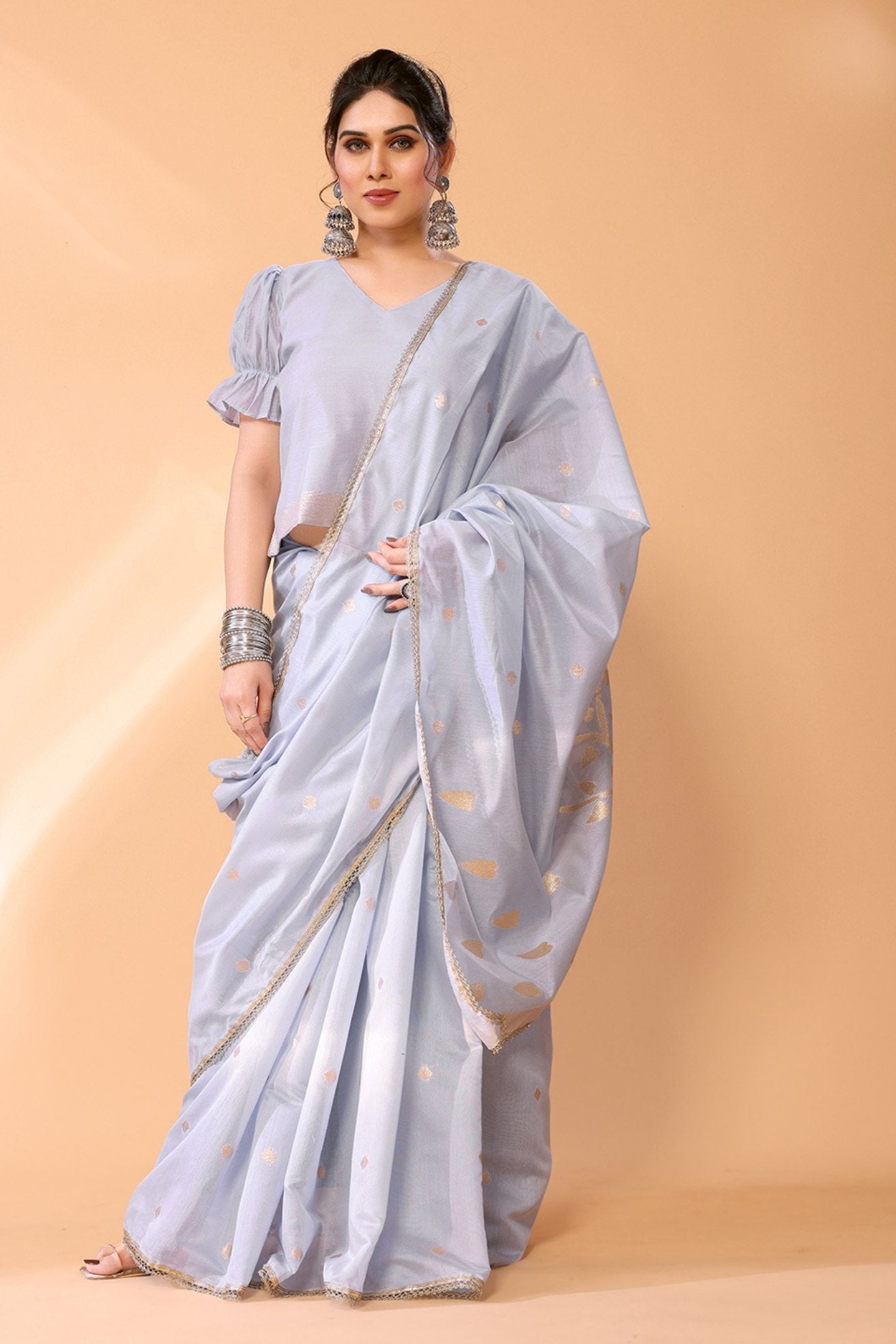 Buy MySilkLove Silver Grey Woven Chanderi Cotton Saree Online