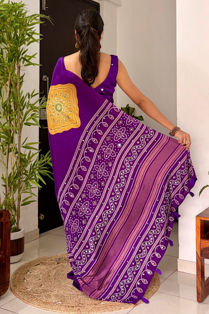Buy MySilkLove Amethyst Purple Ajrakh Satin Printed Mirror Work Saree Online