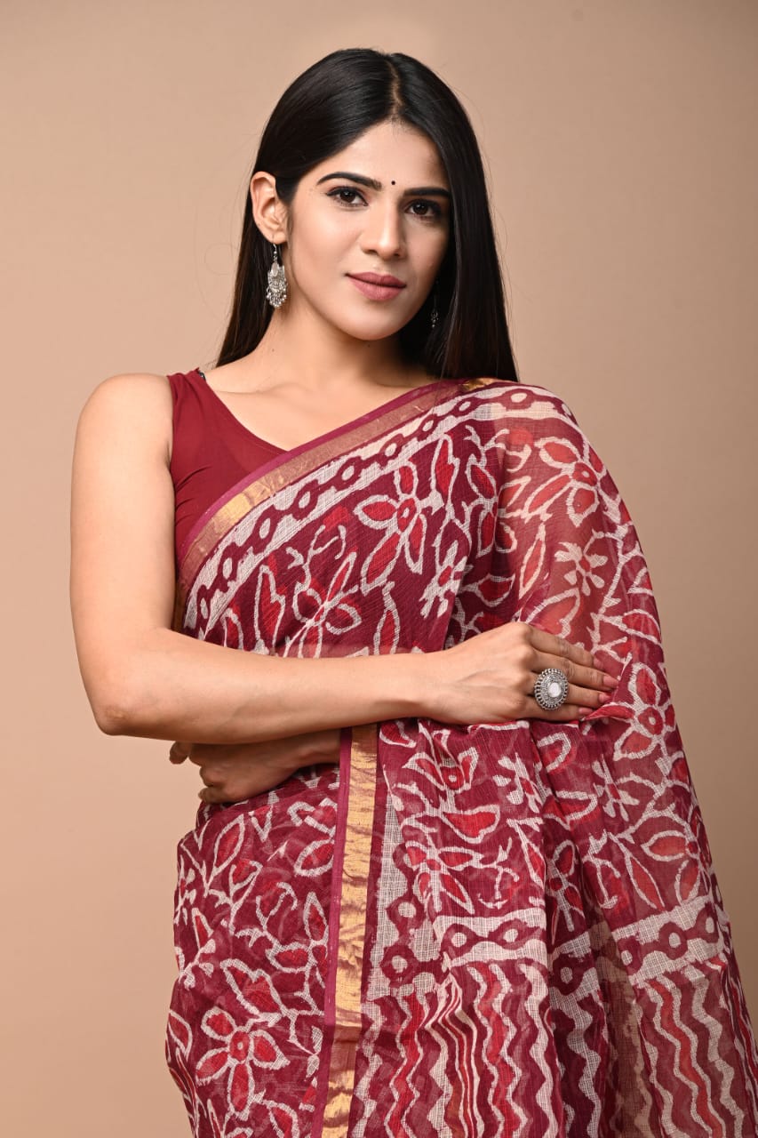 MySilkLove Stiletto Red Handblock Kota Doriya Saree