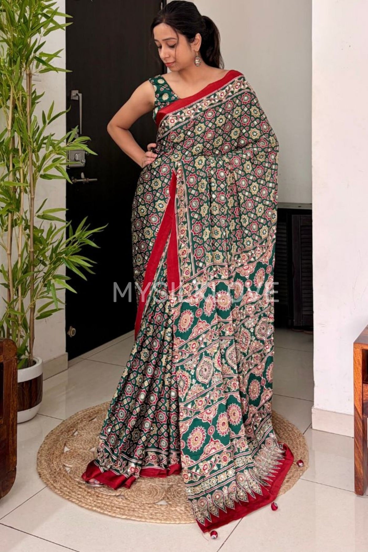 Buy MySilkLove Evergreen and Red Modal Ajrakh Satin Printed Mirror Work Saree Online