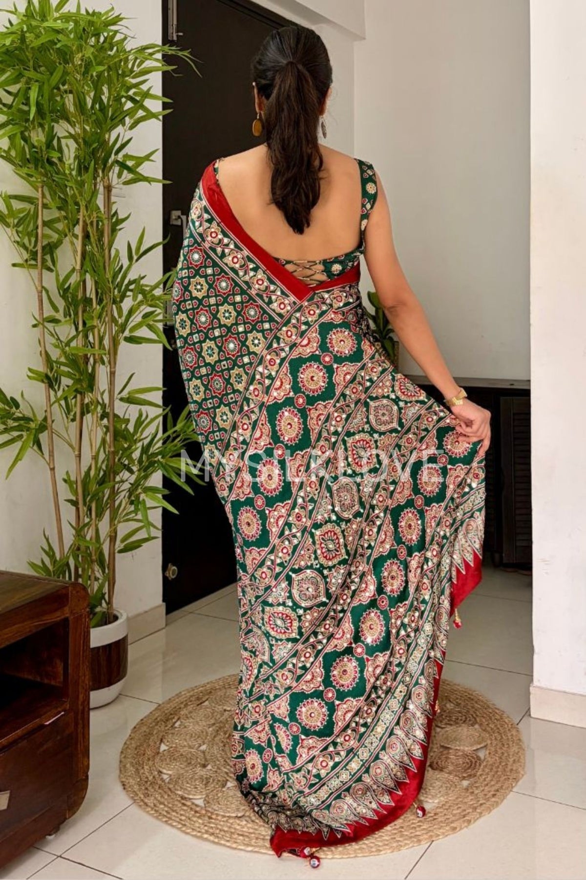 Buy MySilkLove Evergreen and Red Modal Ajrakh Satin Printed Mirror Work Saree Online