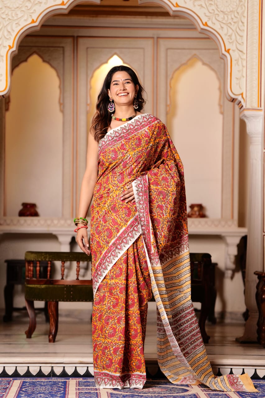 Buy MySilkLove Tan Orange Pure Cotton Handblock Printed Saree Online