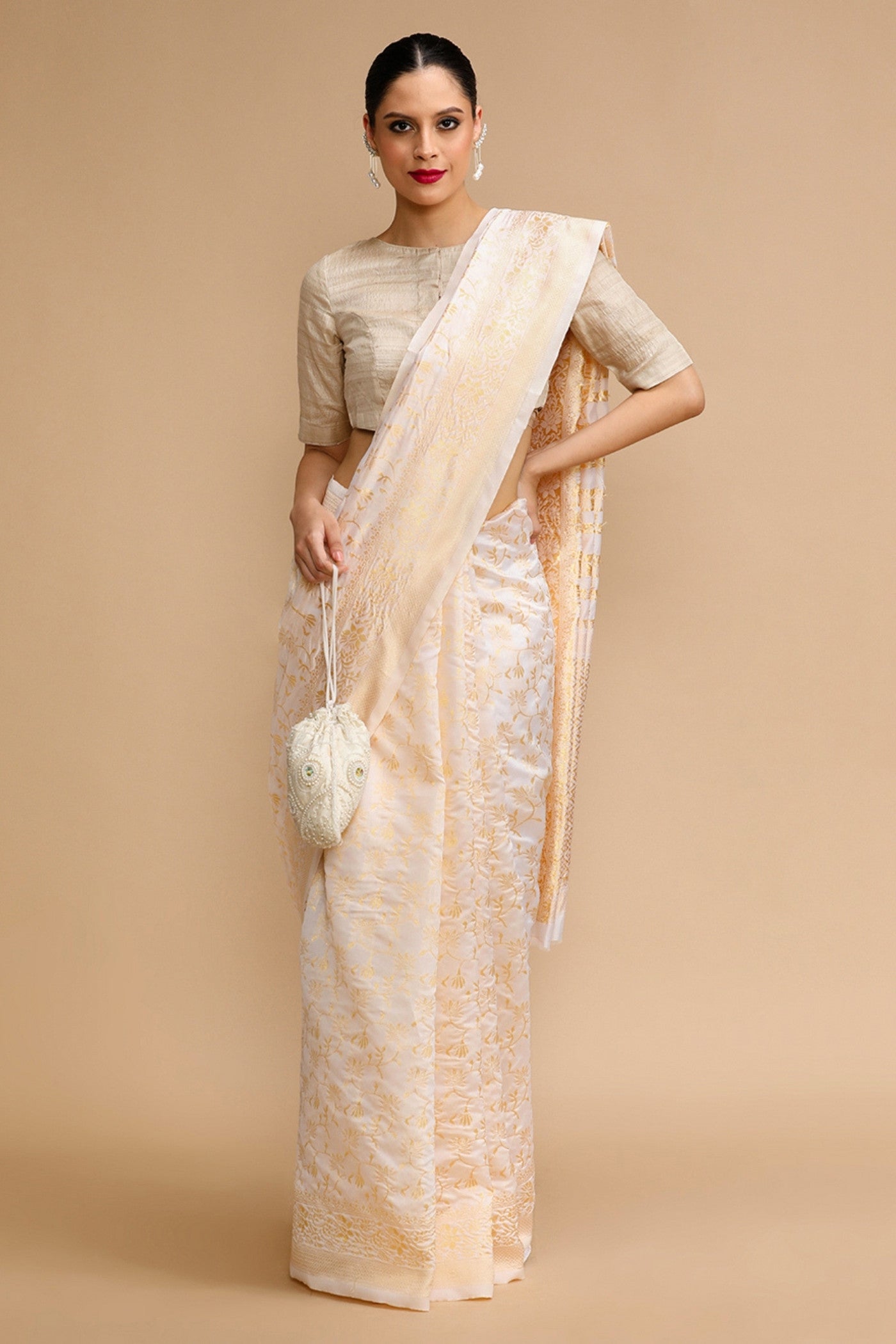 Buy MySilkLove Dandelion Cream Woven Jacquard Lichi Silk Saree Online