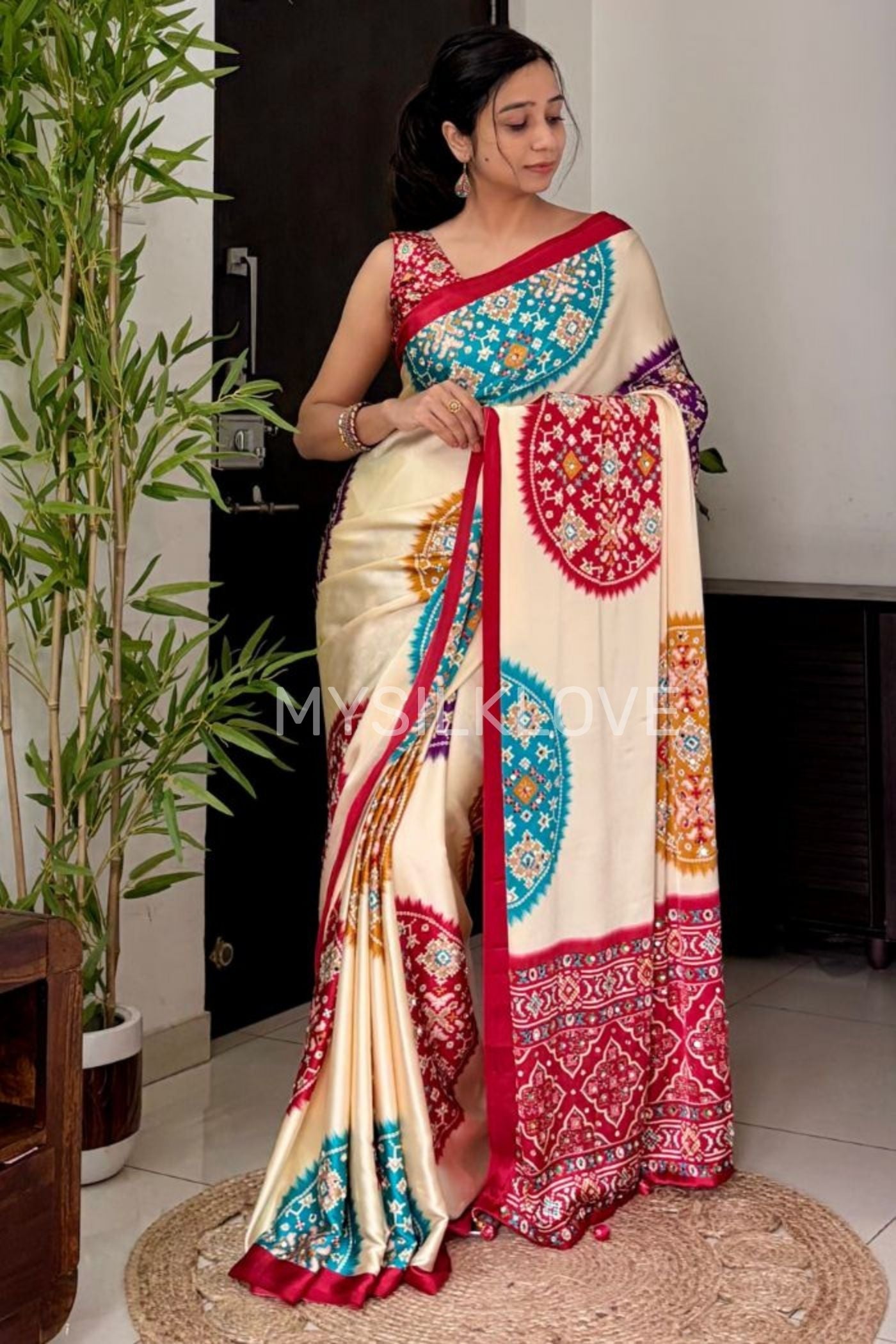 MySilkLove Cookie Cream and Red Modal Ajrakh Satin Printed Mirror Work Saree Without Blouse