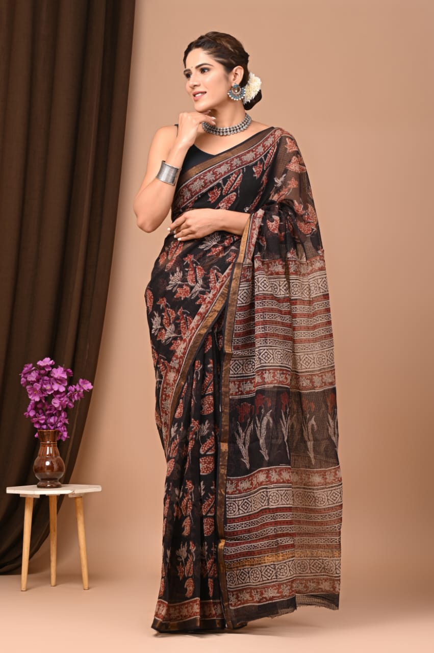 Buy MySilkLove Haiti Black Handblock Kota Doriya Saree Online