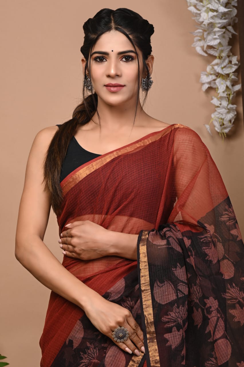 MySilkLove Moccaccino Maroon Handblock Kota Doriya Saree