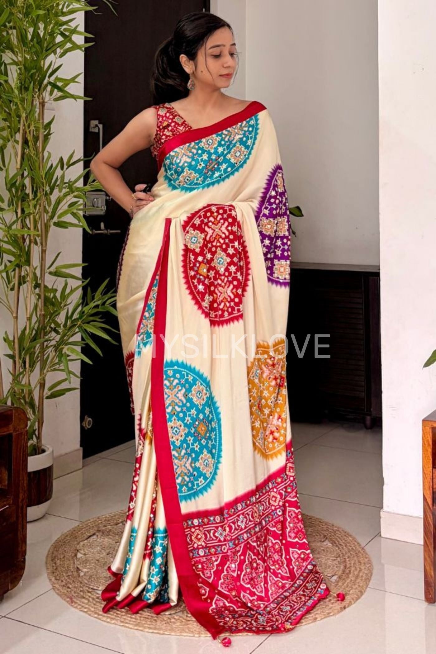 Buy MySilkLove Biscuit Cream and Red Modal Ajrakh Satin Printed Mirror Work Saree Online