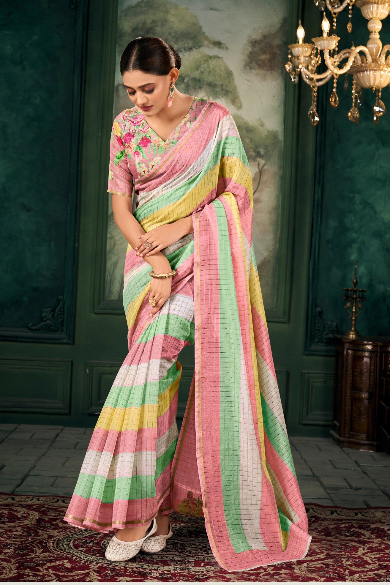 Buy MySilkLove Heathered Green Chanderi Linen Saree Online