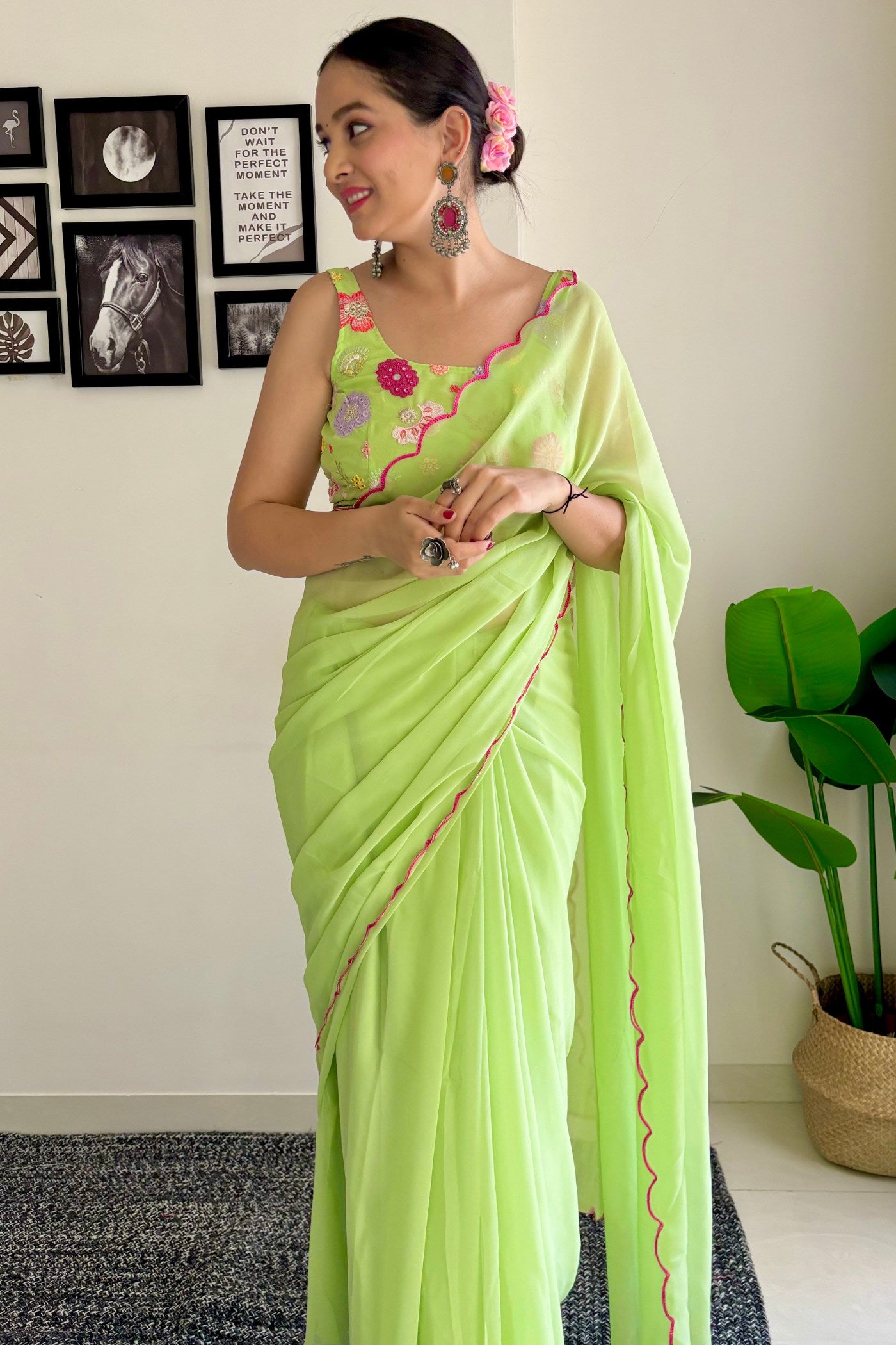 Buy MySilkLove Pear Green Gerogette Saree Online