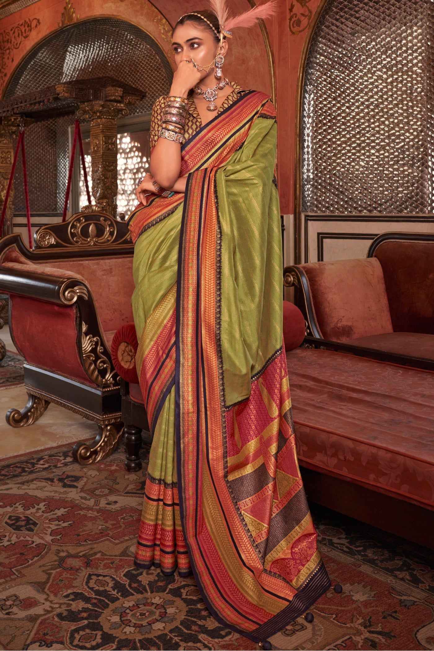 Buy MySilkLove Parrot Green Printed Patola Saree Online