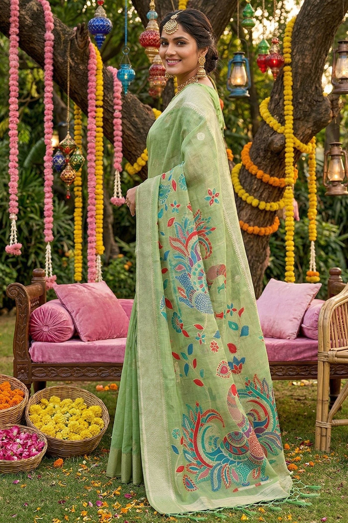 Buy MySilkLove Pista Green Woven Linen Cotton Saree Online
