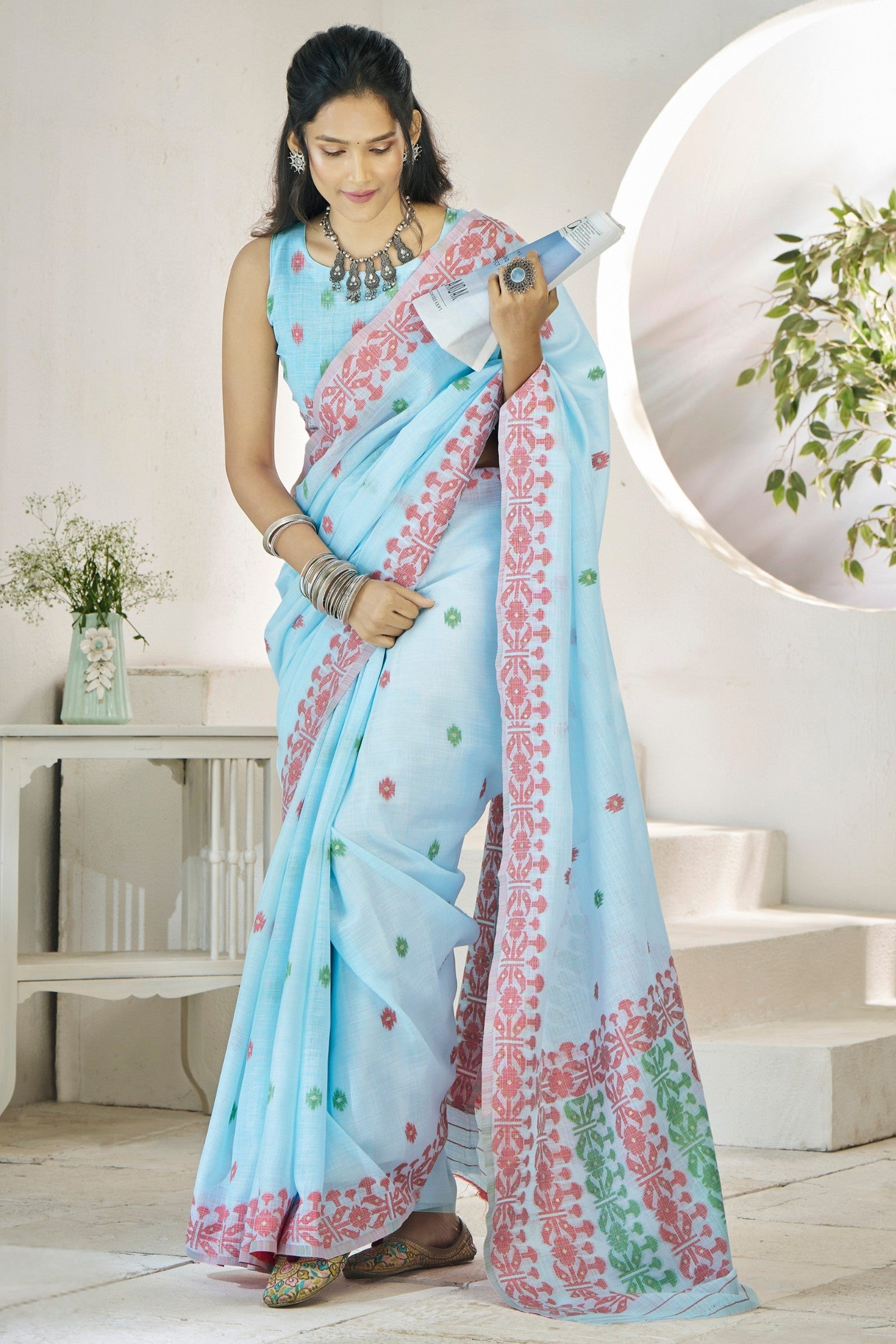 Buy MySilkLove Nepal Blue Woven Linen Saree Online