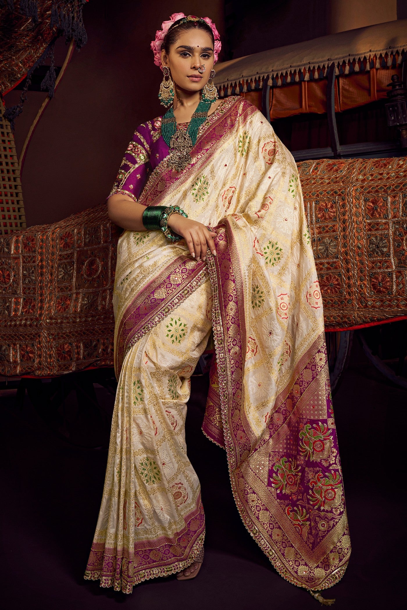 Buy MySilkLove Raffia Cream Designer Banarasi Dola Silk Saree Online