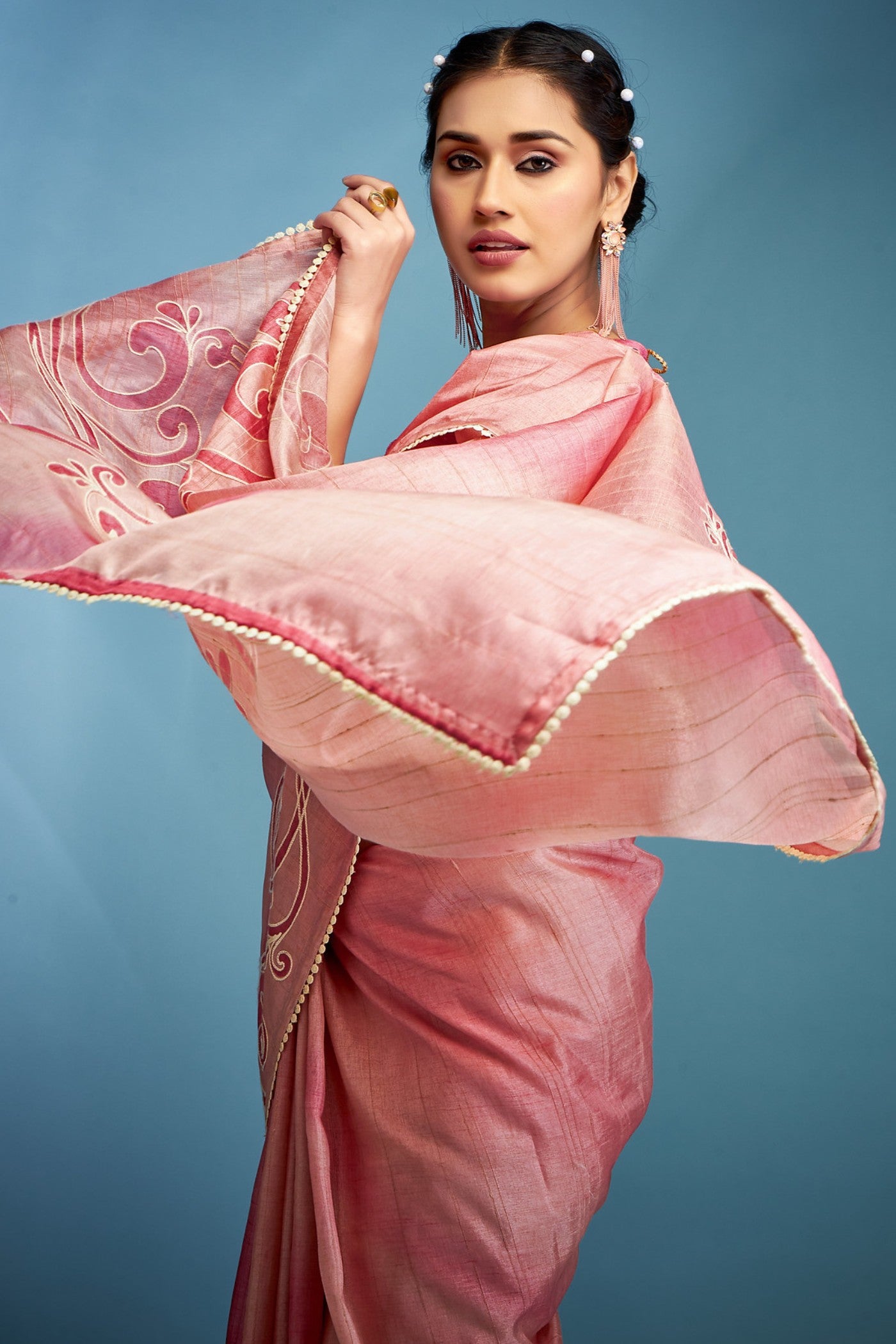 MySilkLove Peony Pink Designer Tussar Silk Saree