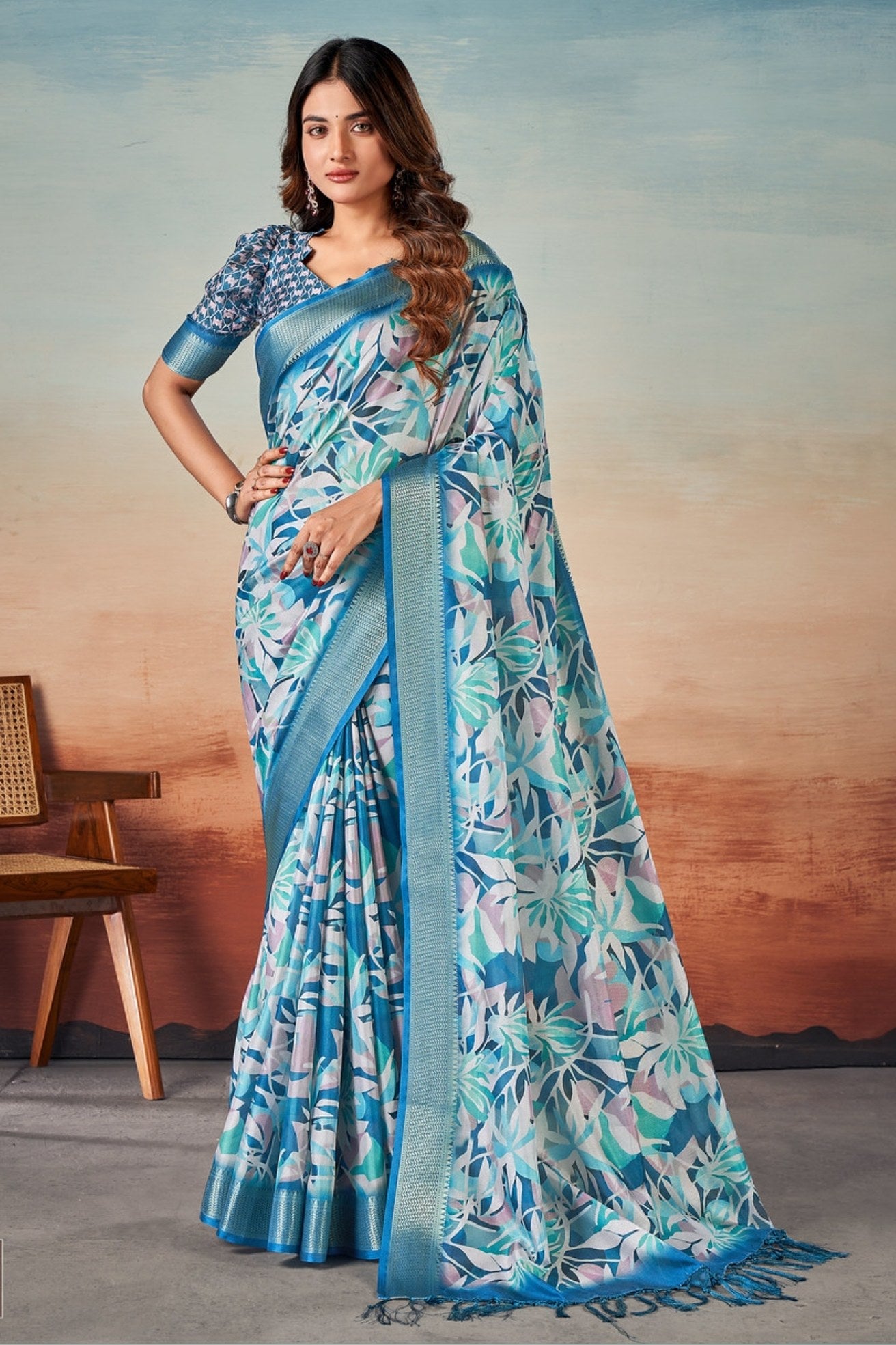 Buy MySilkLove Sky Blue Banarasi Digital Printed Saree Online