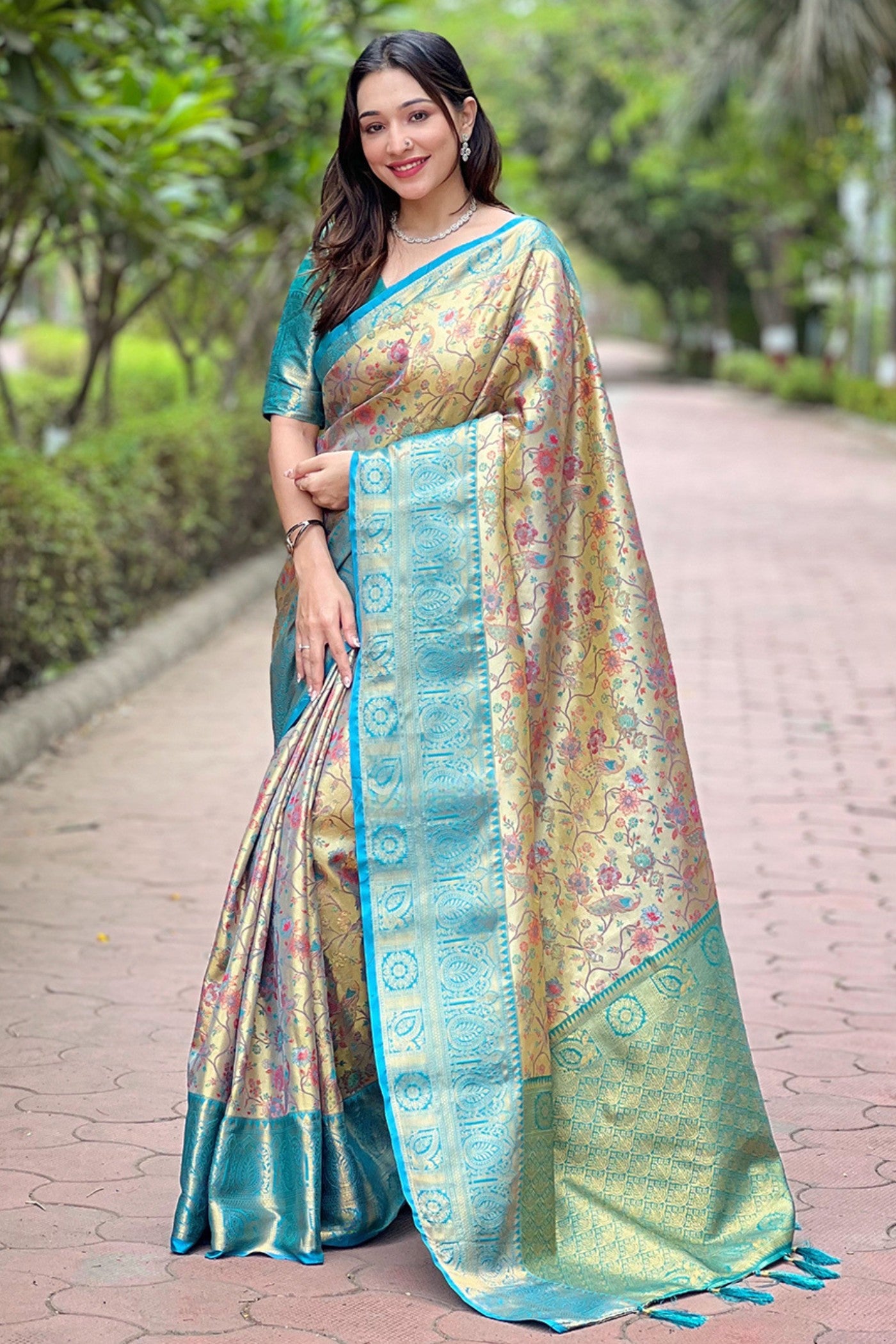 Buy MySilkLove Opal Blue and Cream Woven Banarasi Saree Online