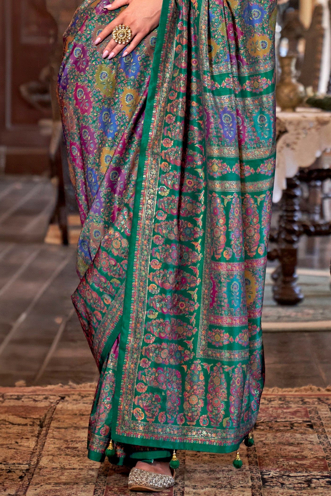 Buy MySilkLove Plantation Green Printed Jamewar Saree Online