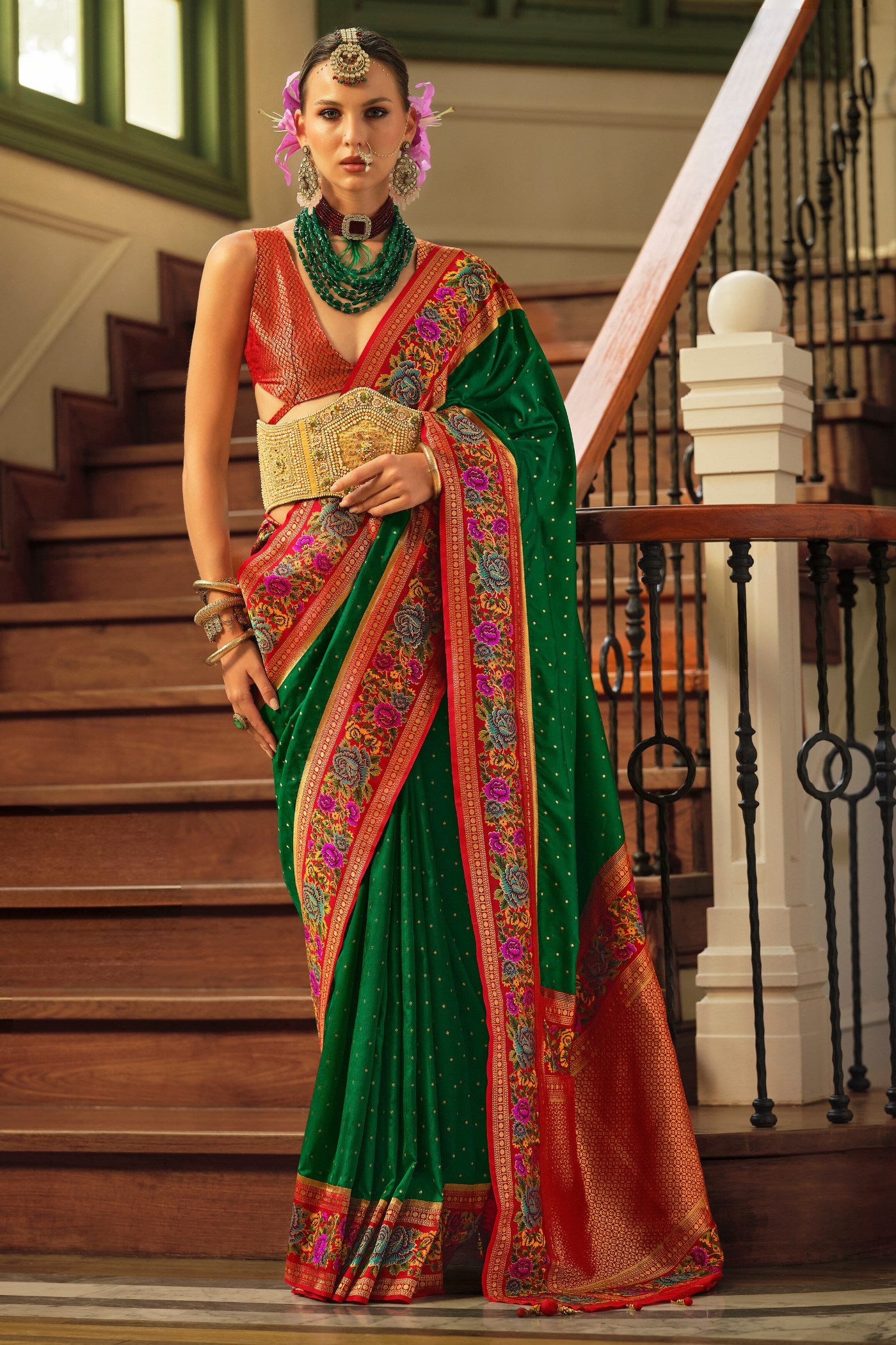 Buy MySilkLove Bottle Green Printed Banarasi Saree Online