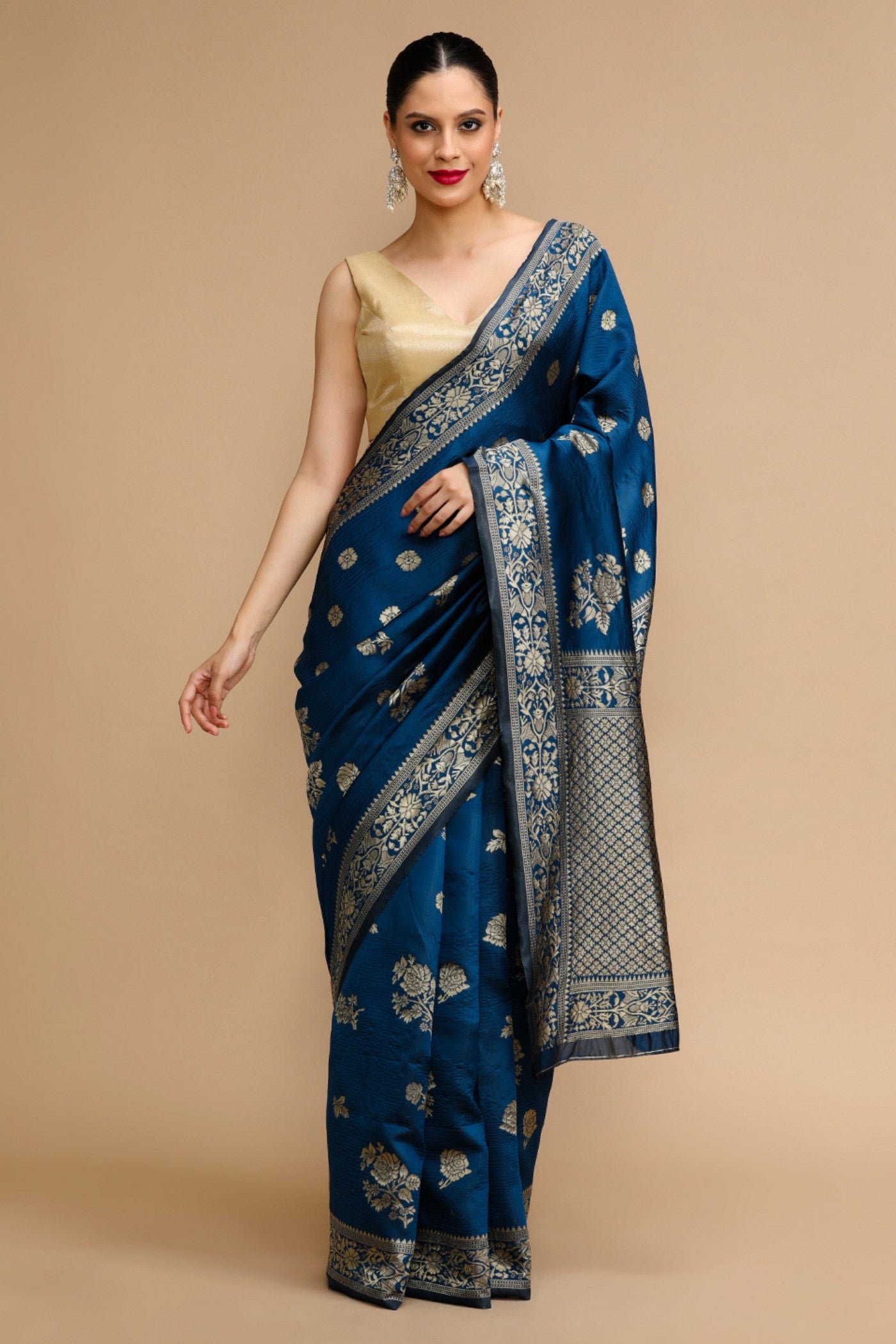 Buy MySilkLove Bismark Blue Woven Jacquard Lichi Silk Saree Online