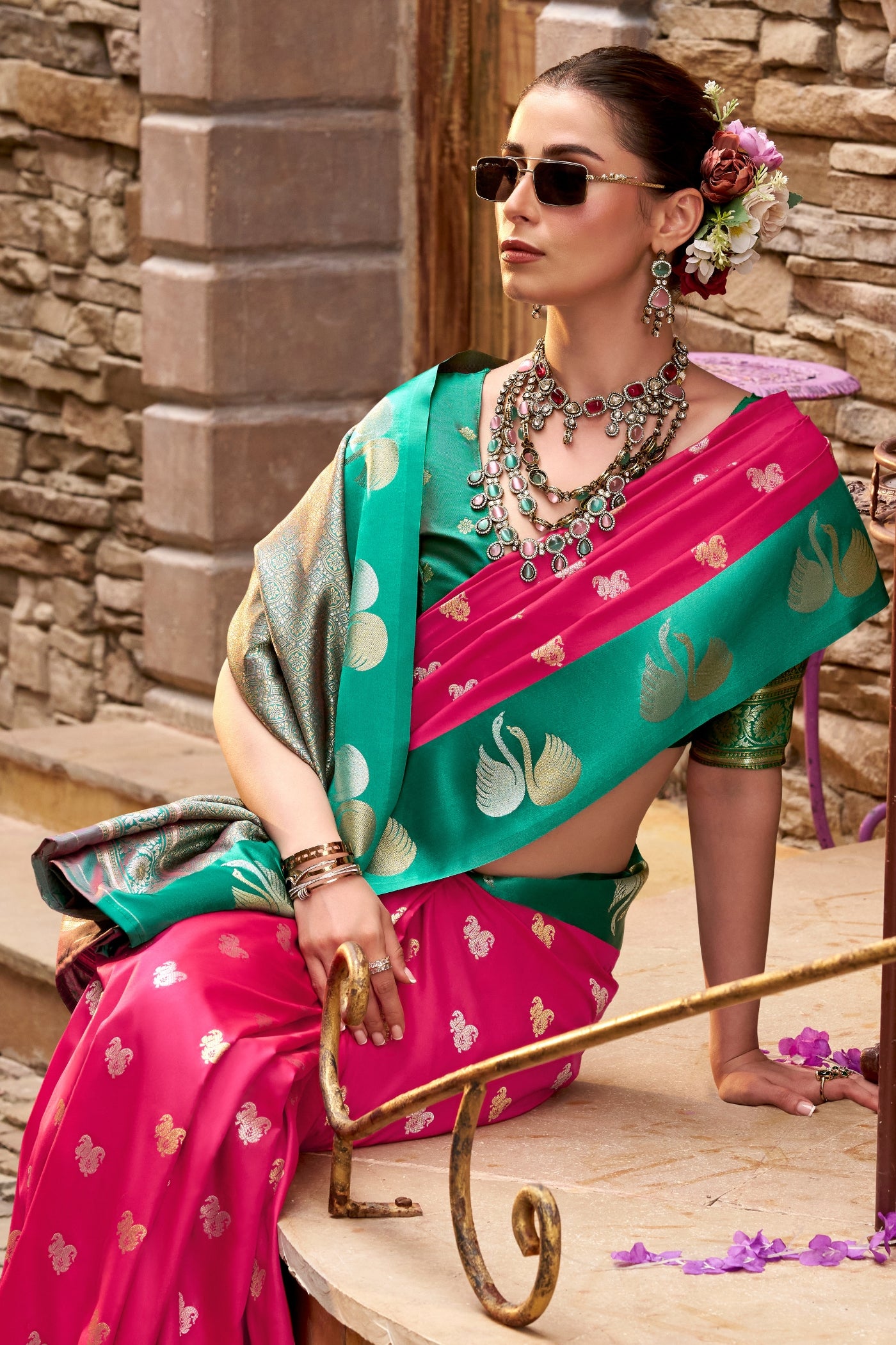Buy MySilkLove Hot Pink Woven Satin Soft Silk Saree Online