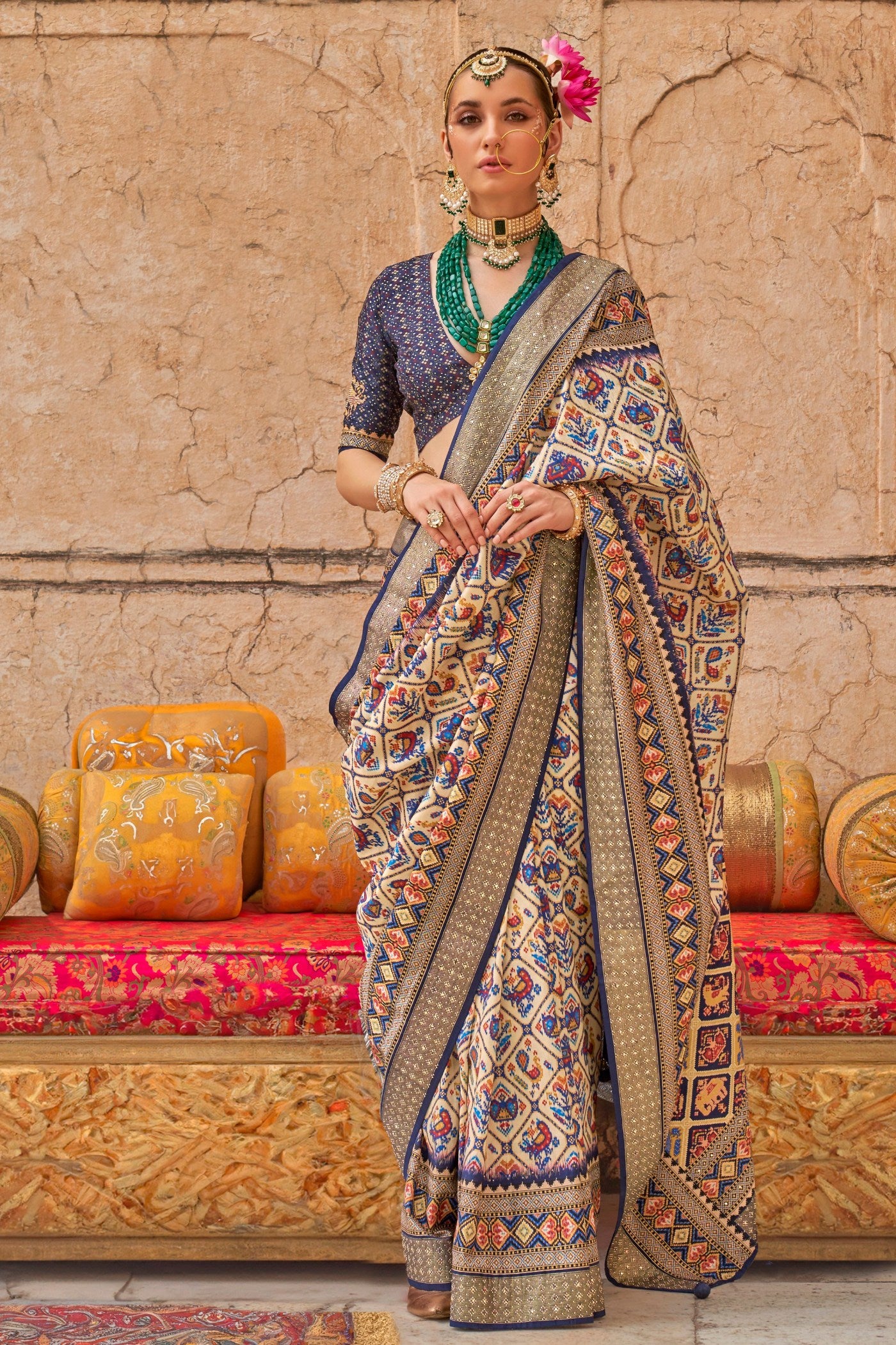 Buy MySilkLove Stone Blue and Cream Printed Patola Saree Online