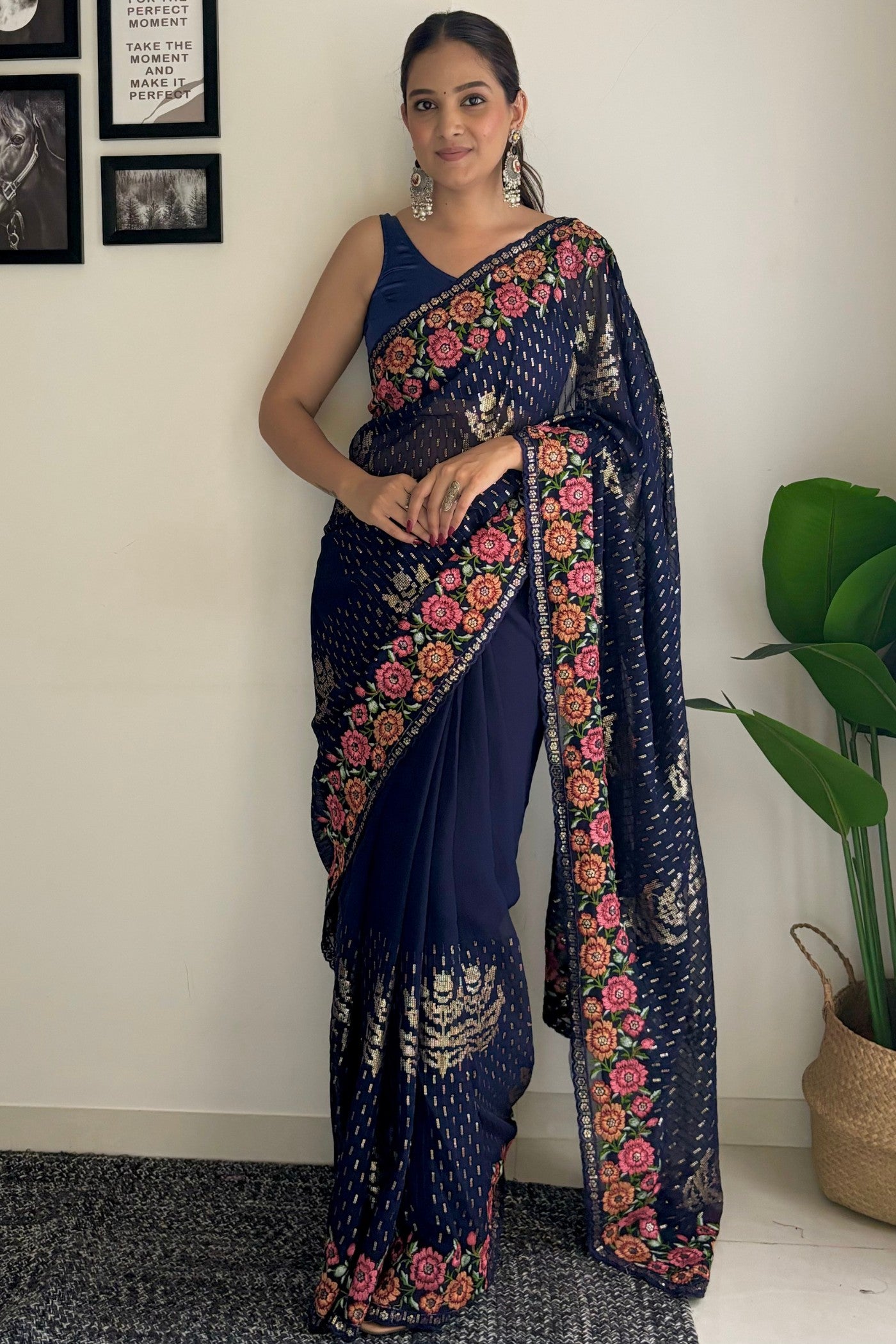 Buy MySilkLove Navy Blue Embroidery Designer Georgette Saree Online