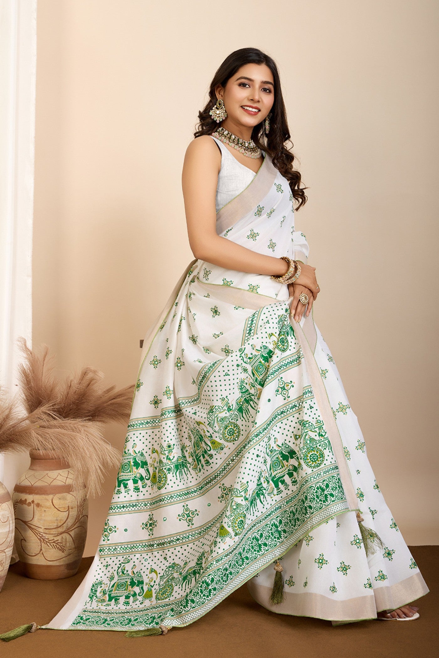 Buy MySilkLove Pearl White and Green Printed Cotton Designer Saree Online