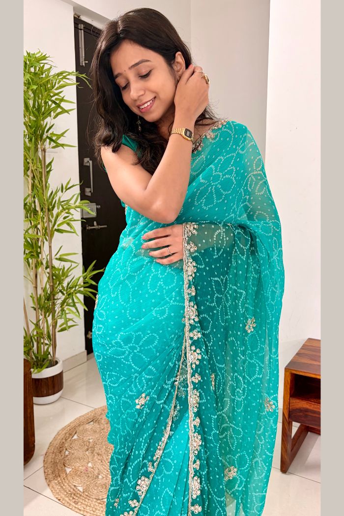 Buy MySilkLove Aqua Teal Georgette Chiffon Bead Work Saree Online