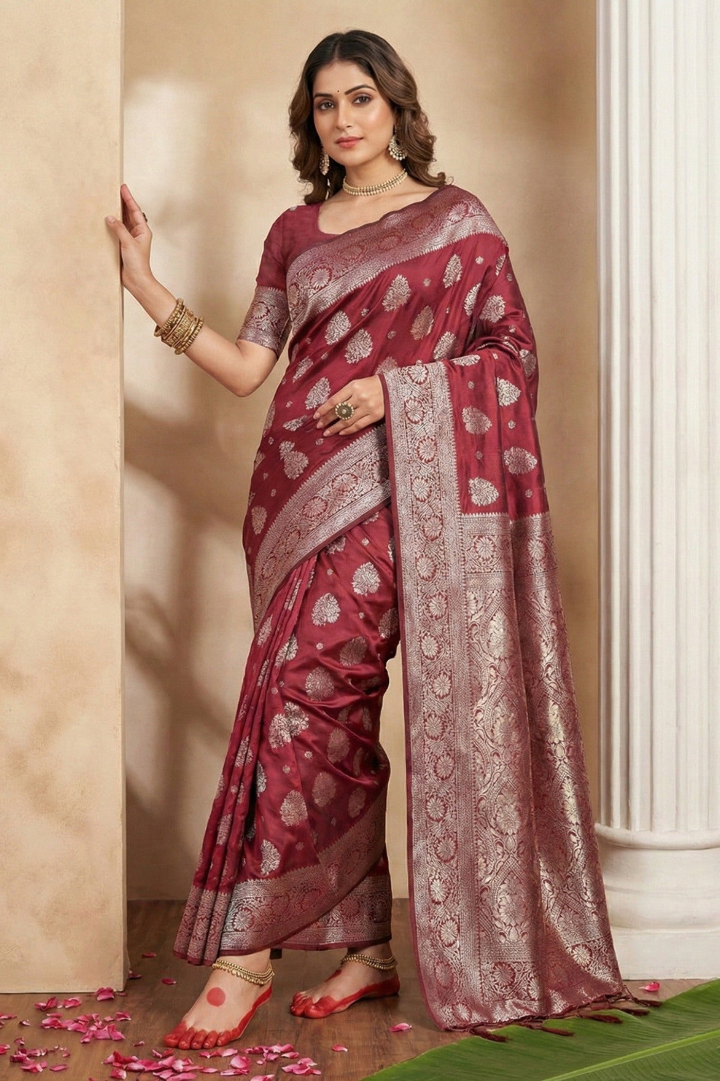 Buy MySilkLove Tan Maroon Banarasi Woven Silk Saree Online